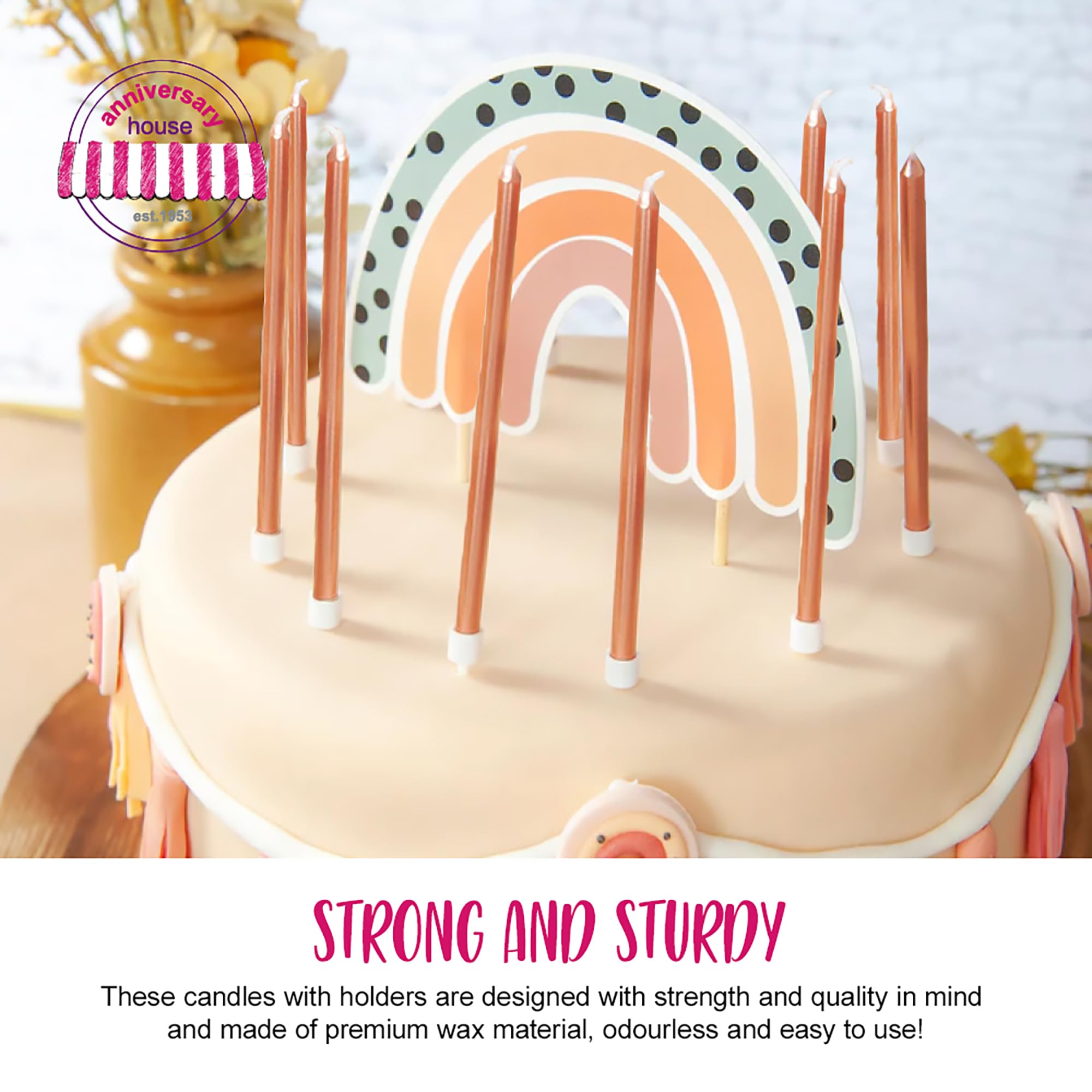 Anniversary House 16-Pack Extra Tall Slim Birthday Cake Candles with Holders - Metallic Rose Gold, 18cm 6