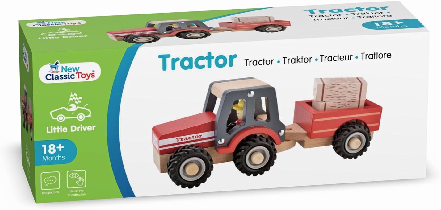 New Classic Toys Wooden Tractor with Trailer and Hay Stacks - Educational Farm Vehicle for Toddlers 18 Months+ 5