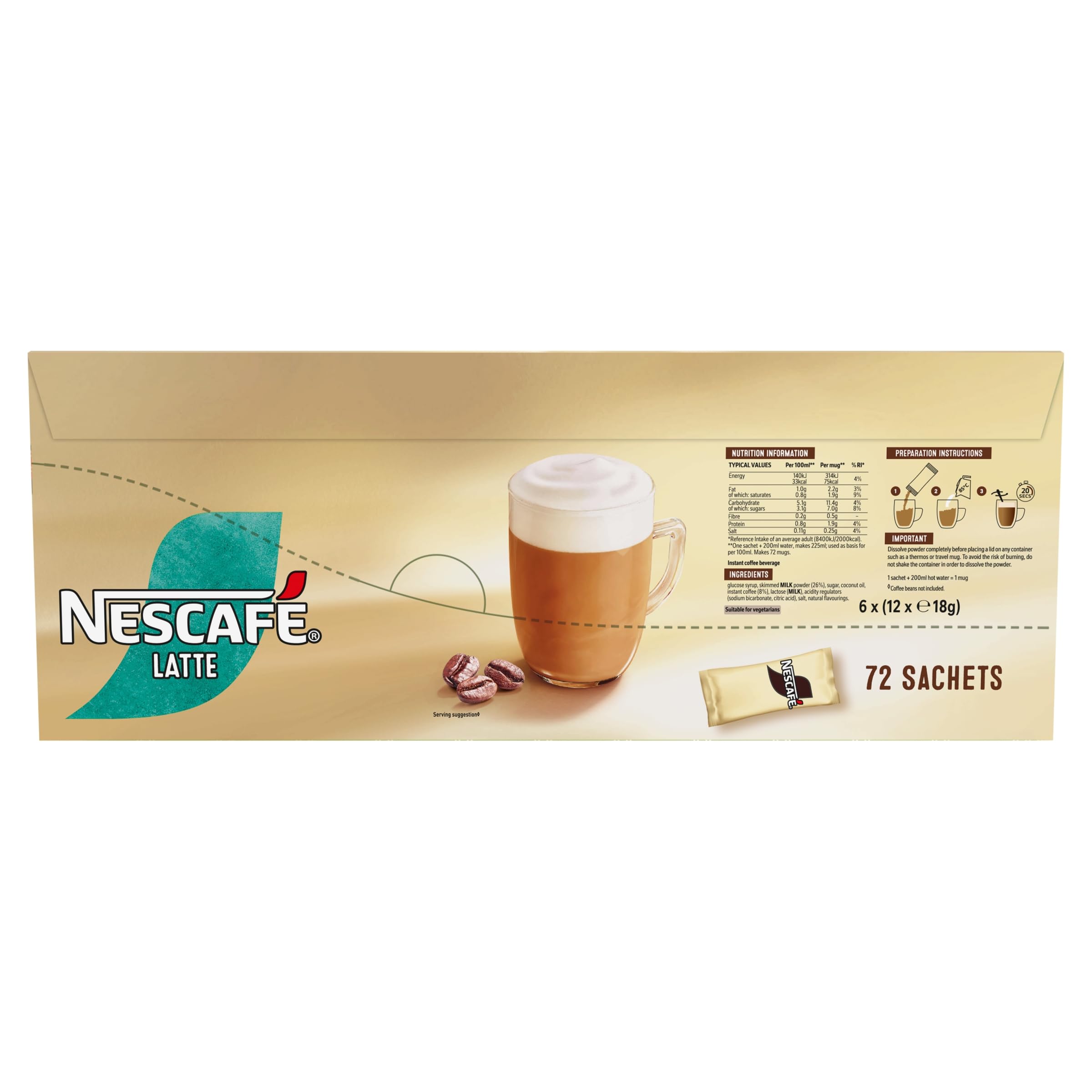NESCAFÉ Latte Instant Coffee Sachets - 72 x 18g