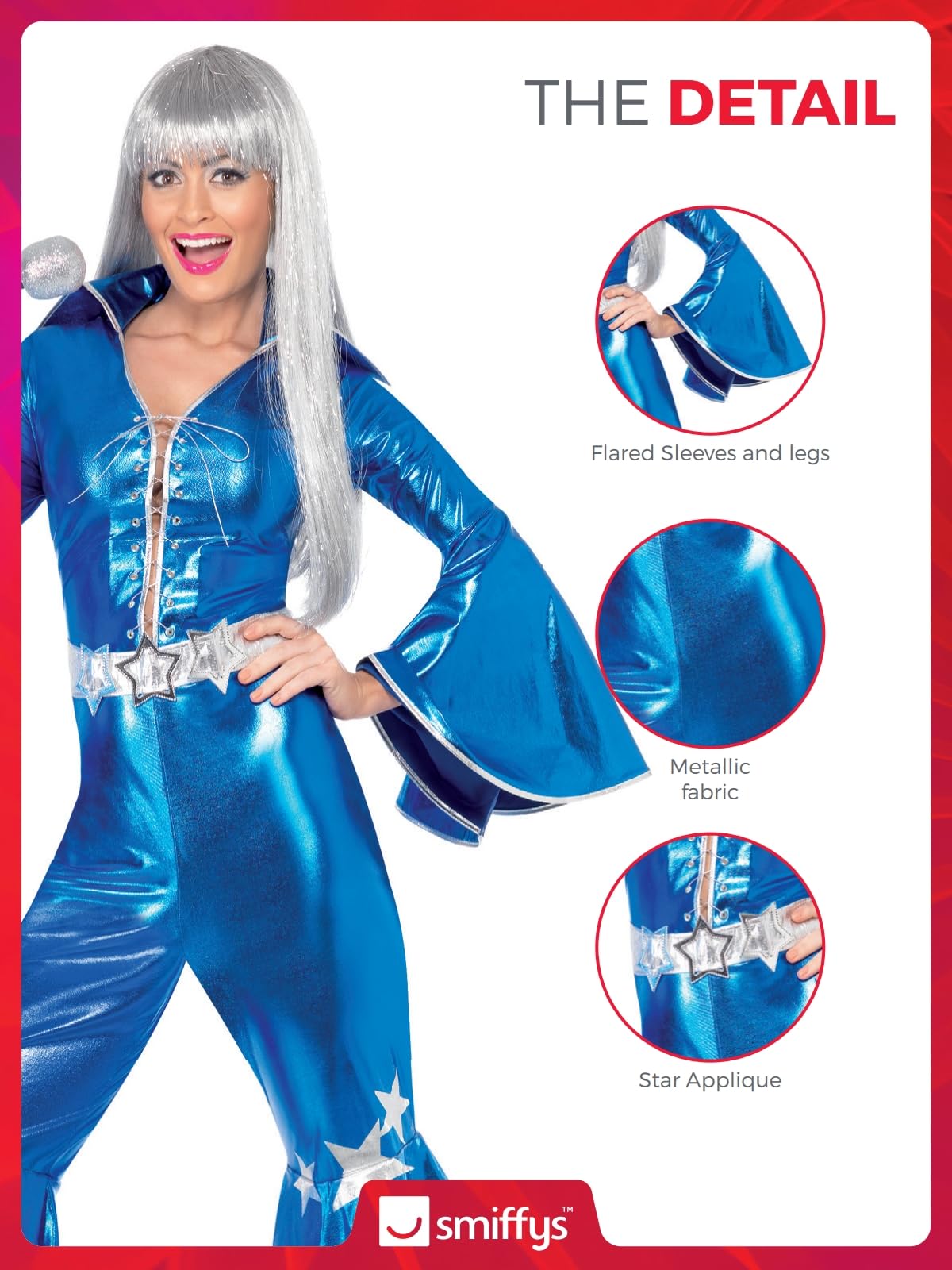 Smiffys 70s Dancing Dream Costume - Blue Disco Jumpsuit with Lace-Up Front & Bell Sleeves 5