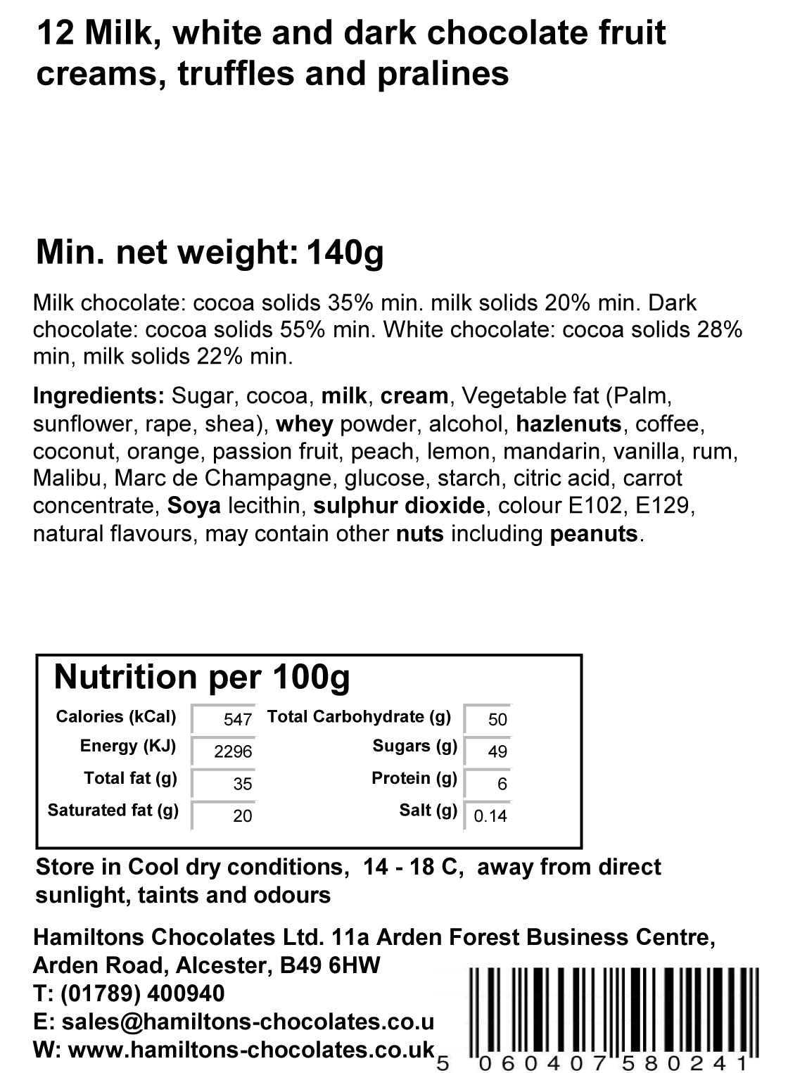 Hamiltons Ivory Luxury Belgian Ballotin 12 Handmade Chocolates Gift Box