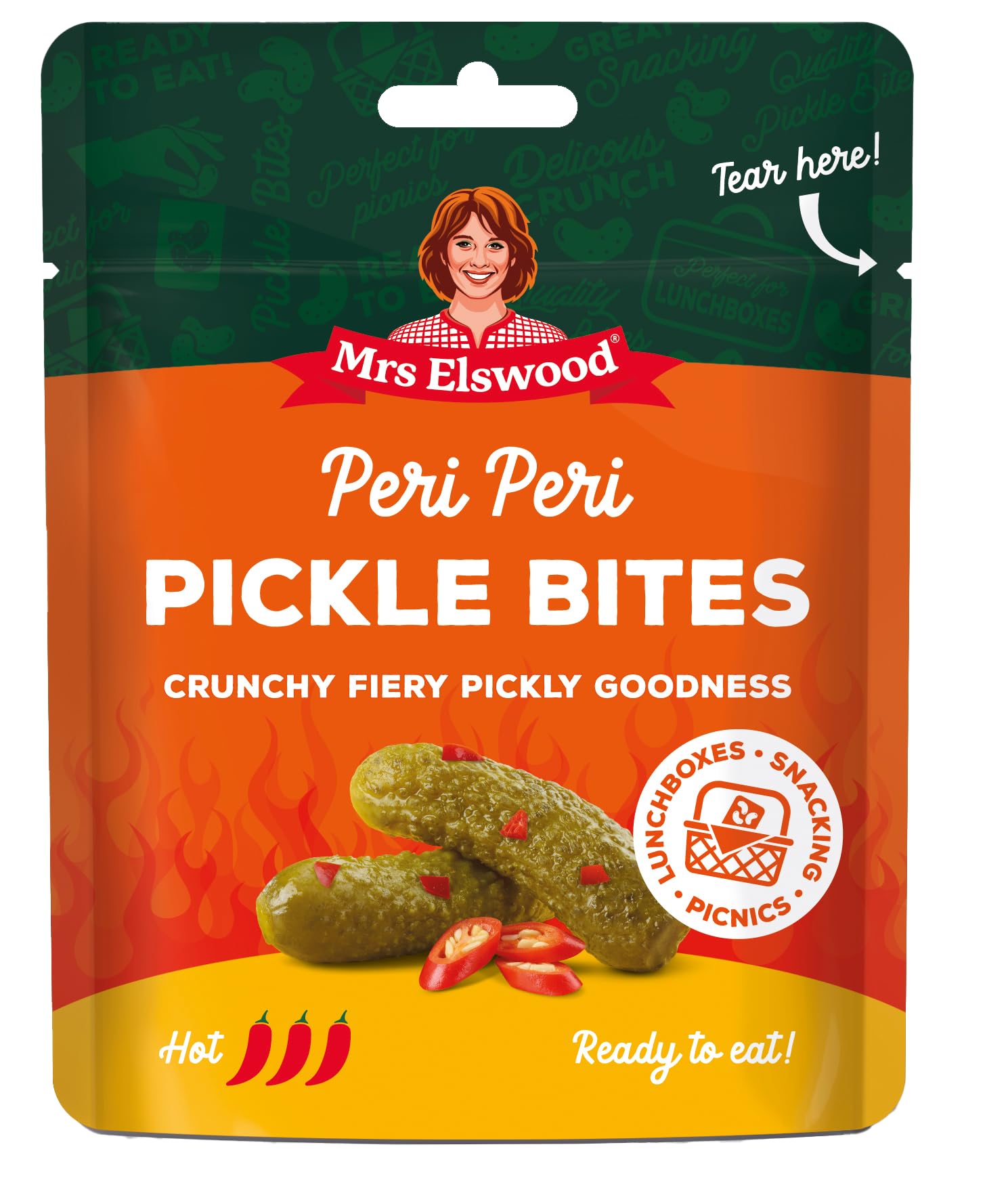 Mrs Elswood Peri Peri Pickle Bites Crunchy Fiery Hot Pickled Cucumbers 50g Pouch 3