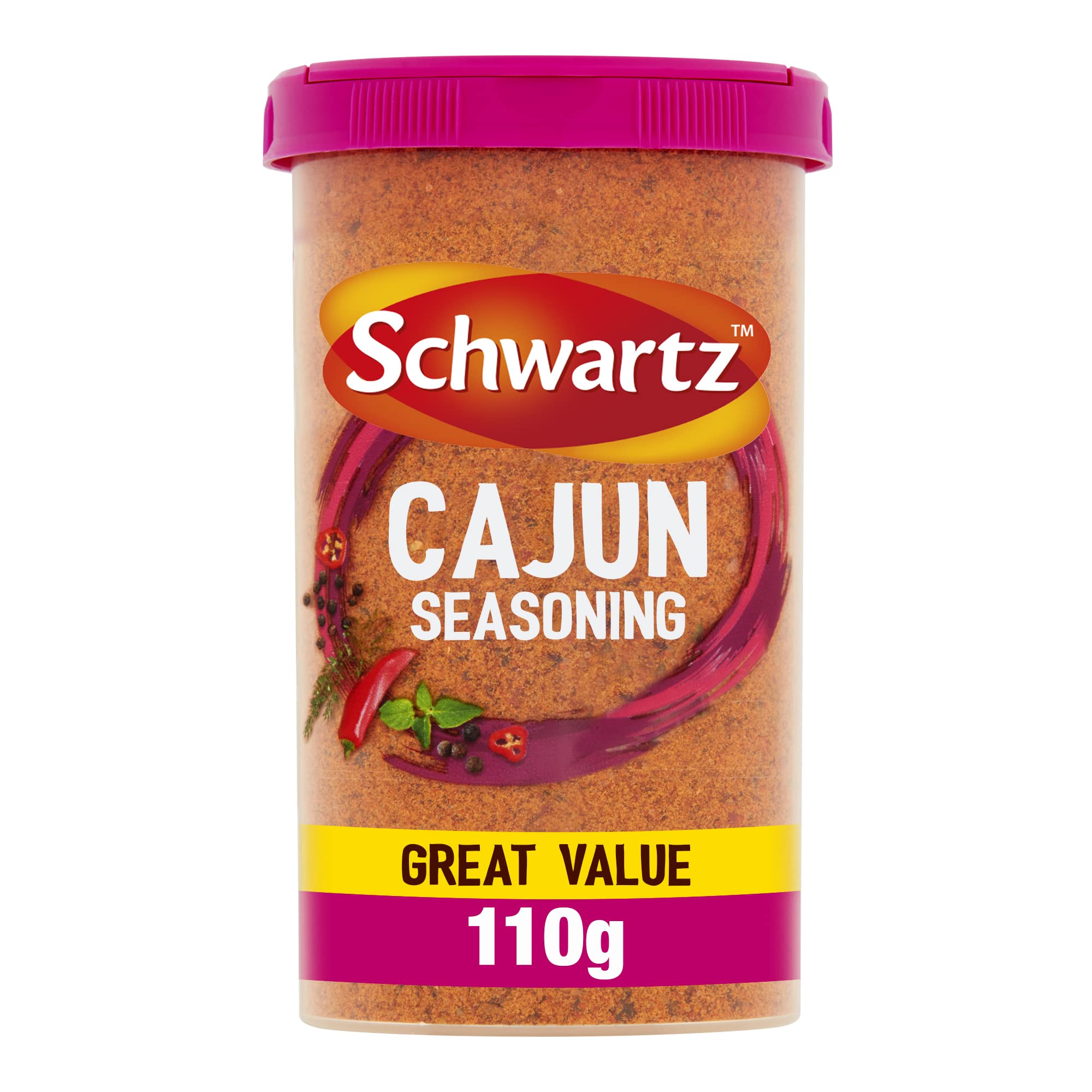 Schwartz Cajun Seasoning Drum 110g - Spicy Heat with Chilli, Allspice & Thyme