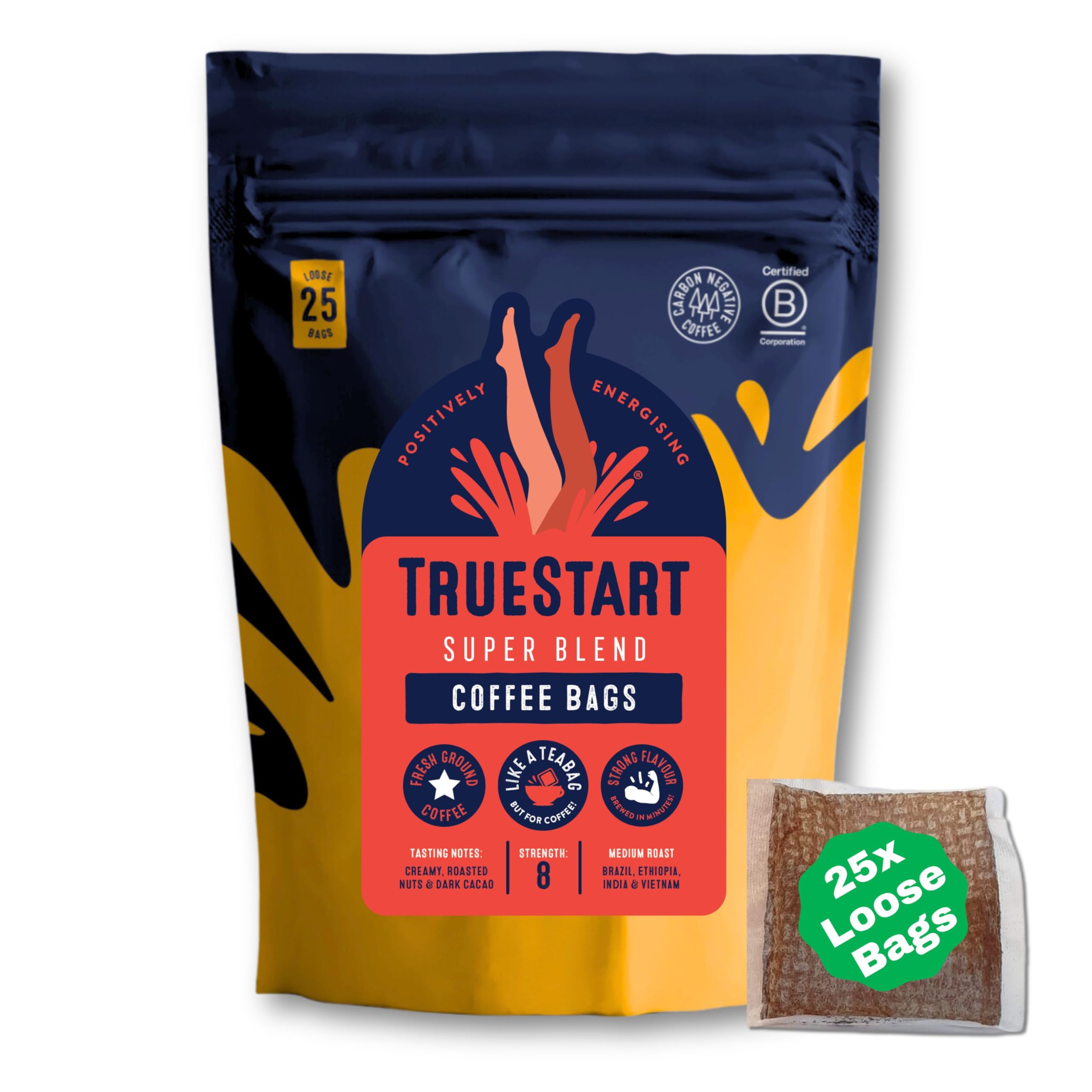 TrueStart Coffee Bags, Super Blend Strong – 25 Loose Bags, Mycotoxin-Free, Rich in Antioxidants, Gluten Free, Individually Wrapped & Resealable Pouch
