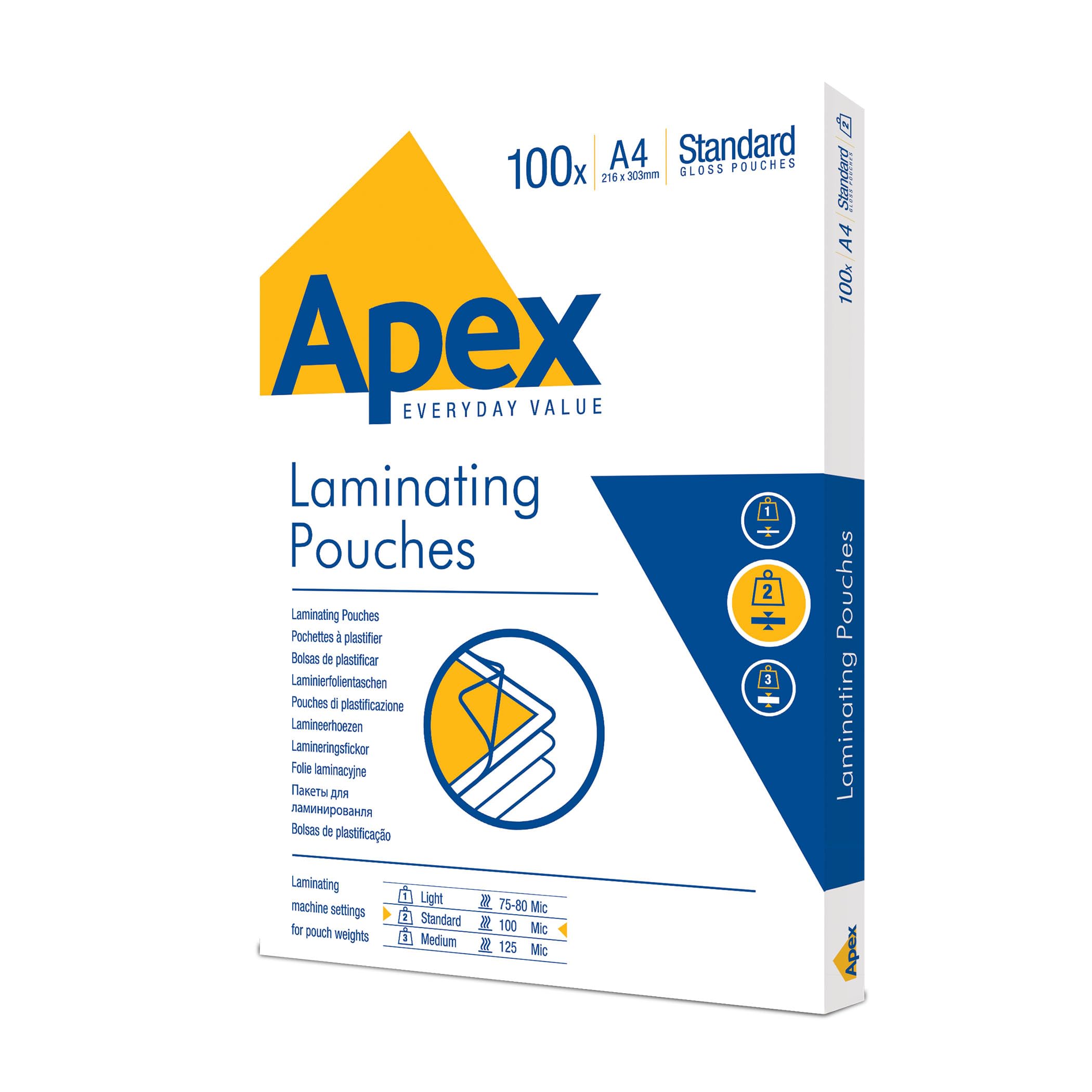 Fellowes Apex A4 Laminating Pouches - 100 Pack | 100 Micron Standard Glossy Finish 1