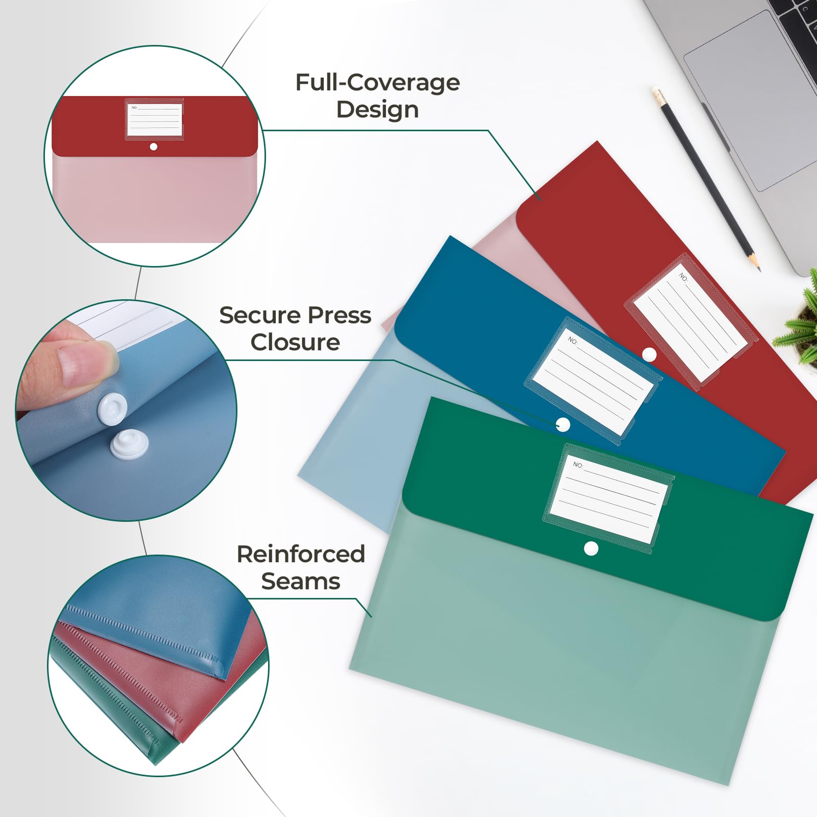 Euvqunn 32 PCS Plastic Wallets A4 - 8 Colours, Snap Button, Waterproof Document Folders 6