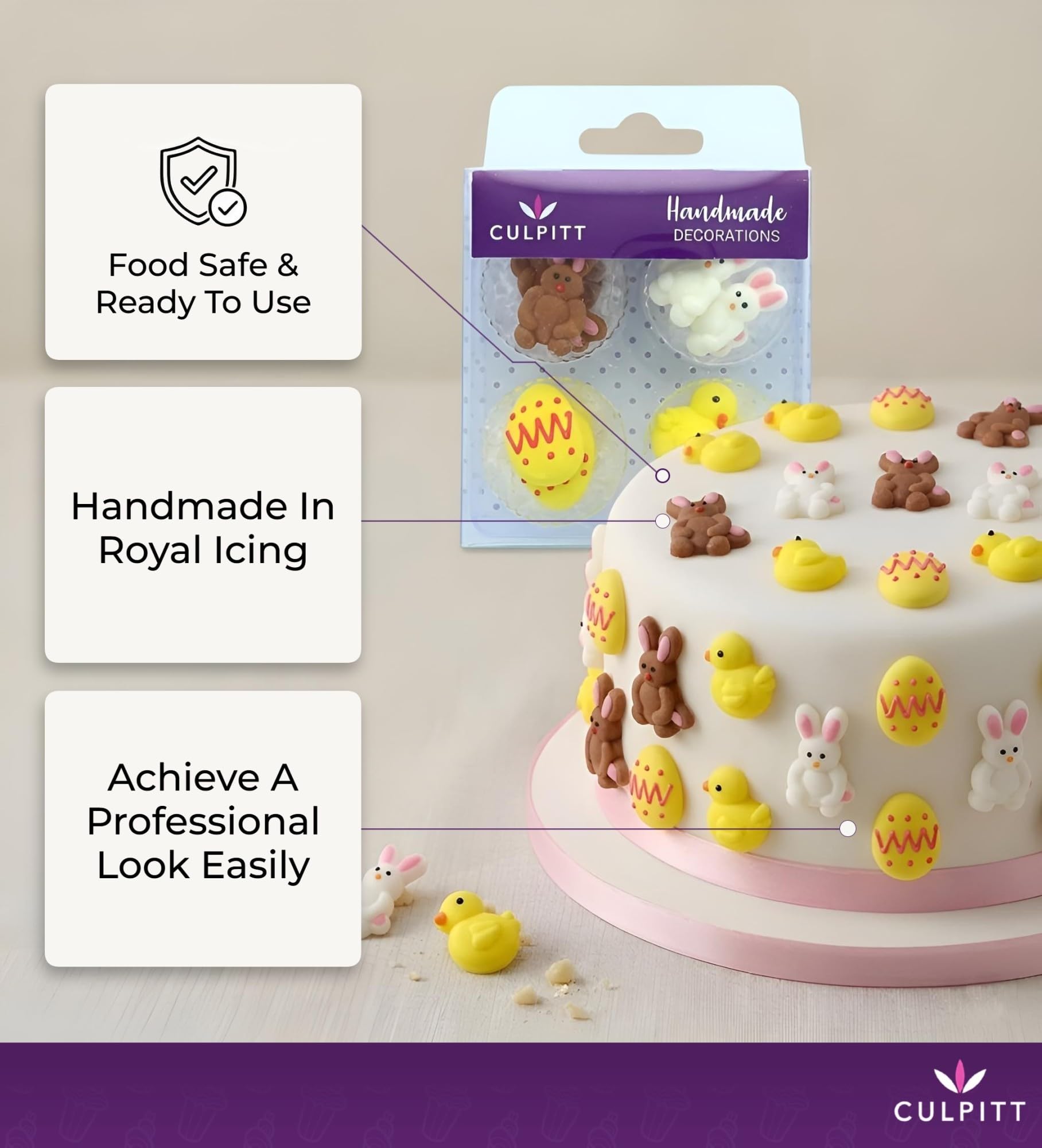 Culpitt Edible Sugar Cake Toppers - Chick, Egg, and Rabbit Decorations | Pack of 12 | 27mm