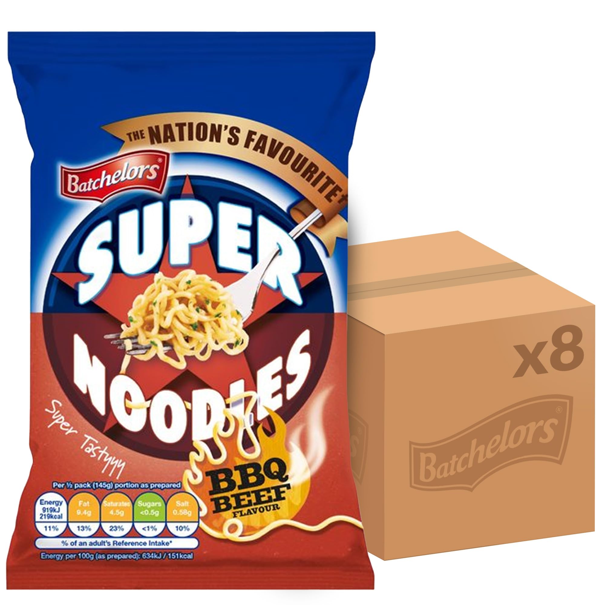 Batchelors Super Noodles Tasty BBQ Beef Flavour Instant Snack | 90g Pack of 8