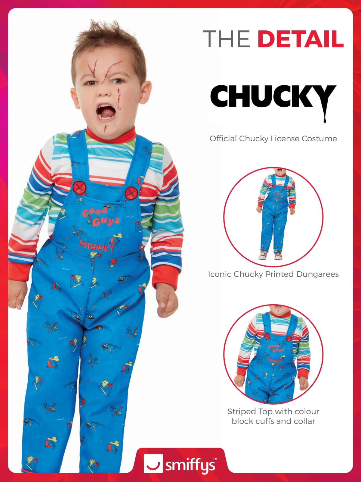 Smiffys Chucky Costume - Kids Blue Dungarees and Striped Top 6