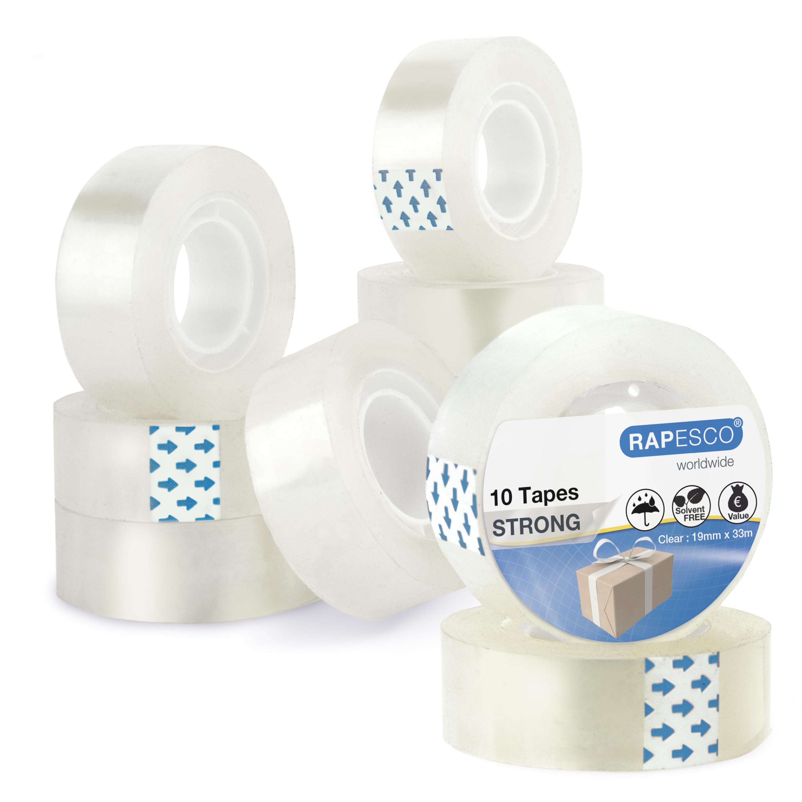 Rapesco 1807 Transparent Adhesive Tape Rolls - 10 Pack, 19 mm x 33 m, Clear Refills