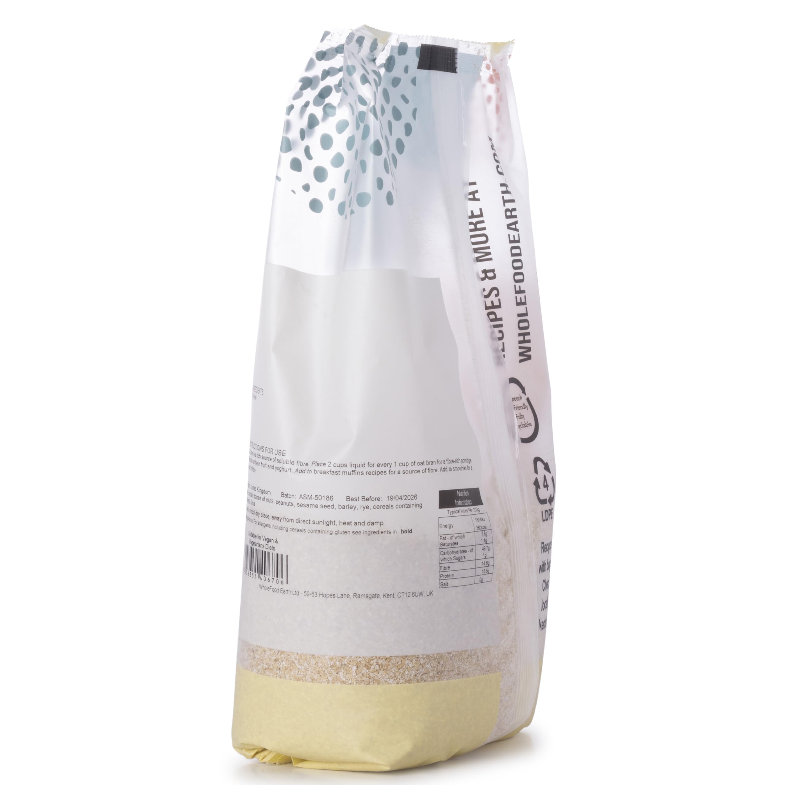 Wholefood Earth Oat Bran Flaked - 500g | High Soluble Fibre | GMO-Free