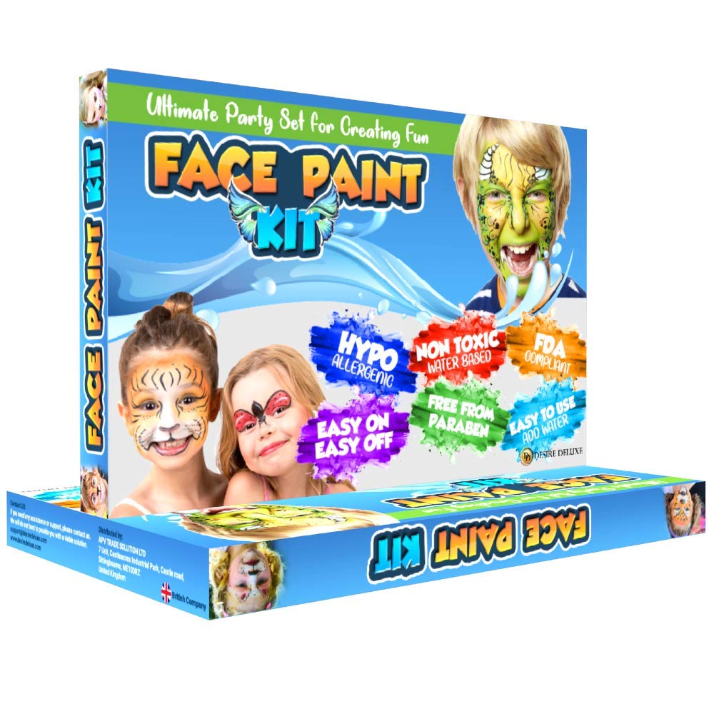 Desire Deluxe Face Paints for Children Halloween Make Up Set | 14 Colors, 2 Glitters, 64 Items Total 6