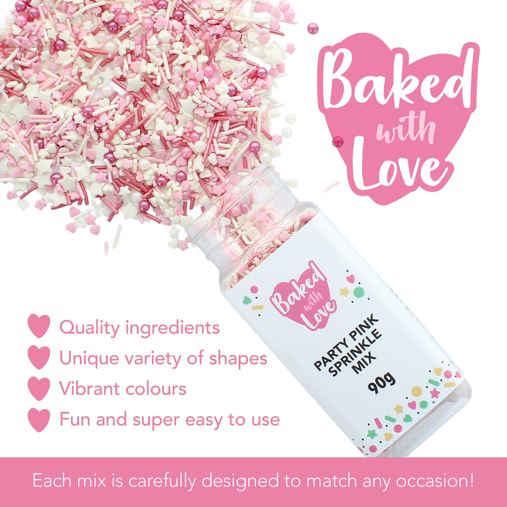 Baked with Love - Pink Sprinkles 90g | Pink & White Sugar Cake Sprinkles Mix 5