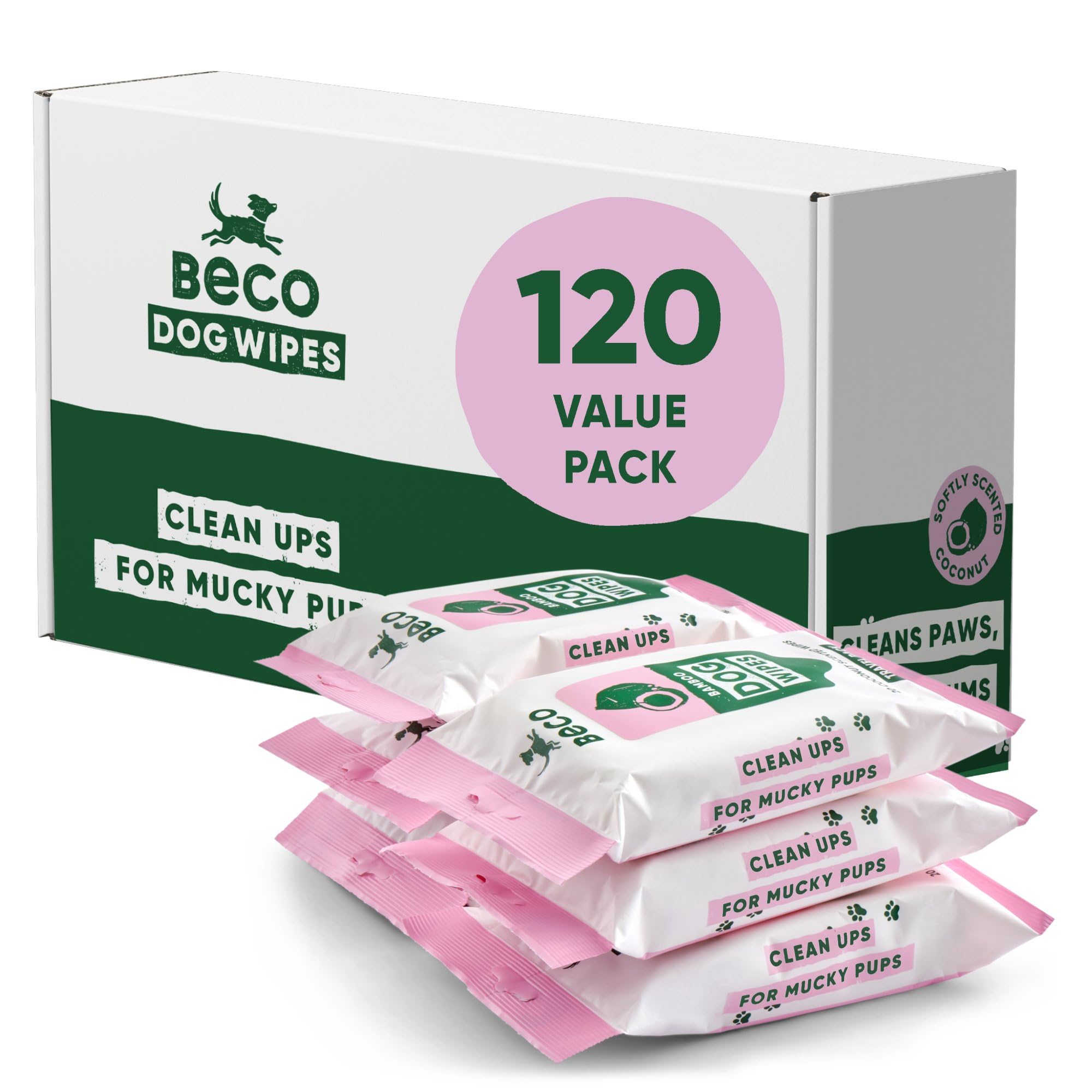 Beco Dog Wipes - Coconut Scented, Hypoallergenic, 6 Travel Packs of 20 Wipes