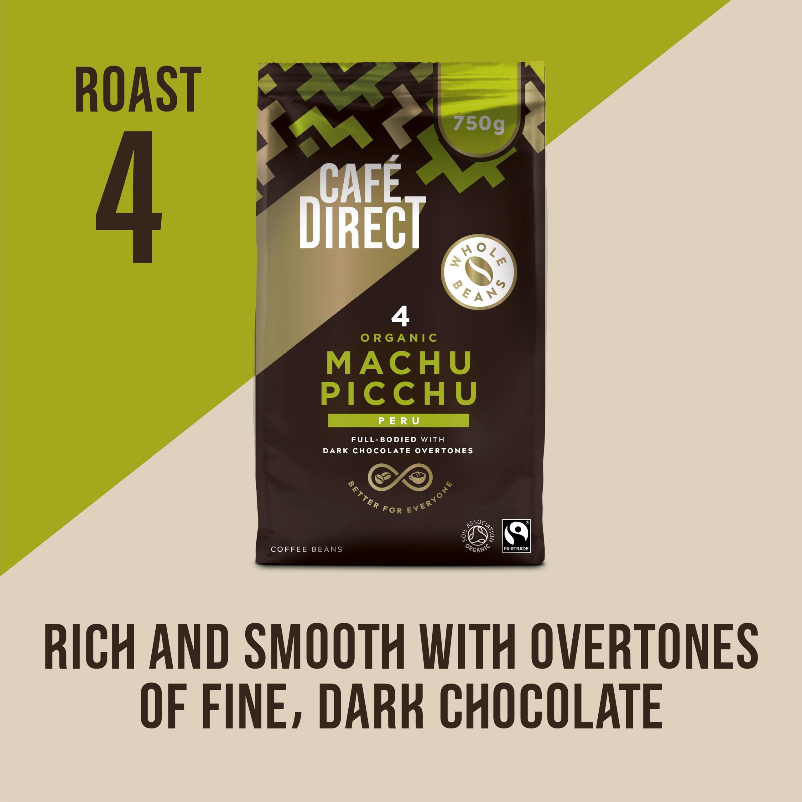 Cafédirect Machu Picchu Organic Whole Bean Coffee - Single Origin Fairtrade Arabica, 750g