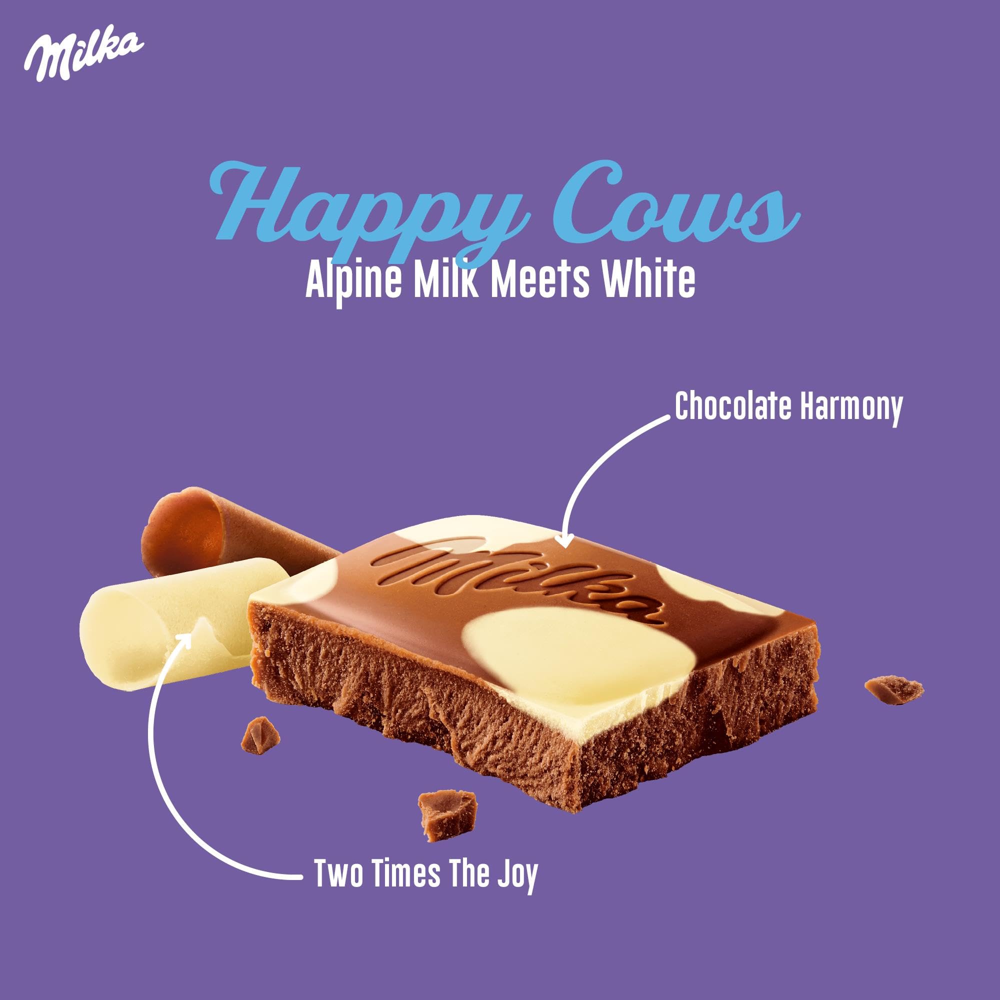 Milka Happy Cows Alpine Milk and White Chocolate Bar, Chocolate Harmony, 90g 6