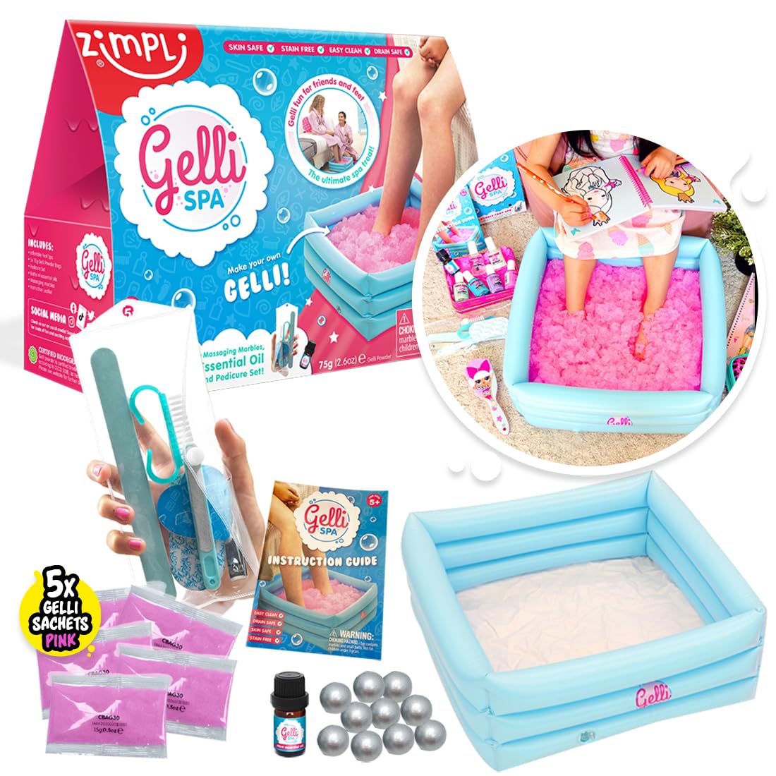 Zimpli Kids - Gelli Spa 5 Use Pack, Inflatable Foot Spa with Gelli Powder, Marbles & Pedicure Set 7