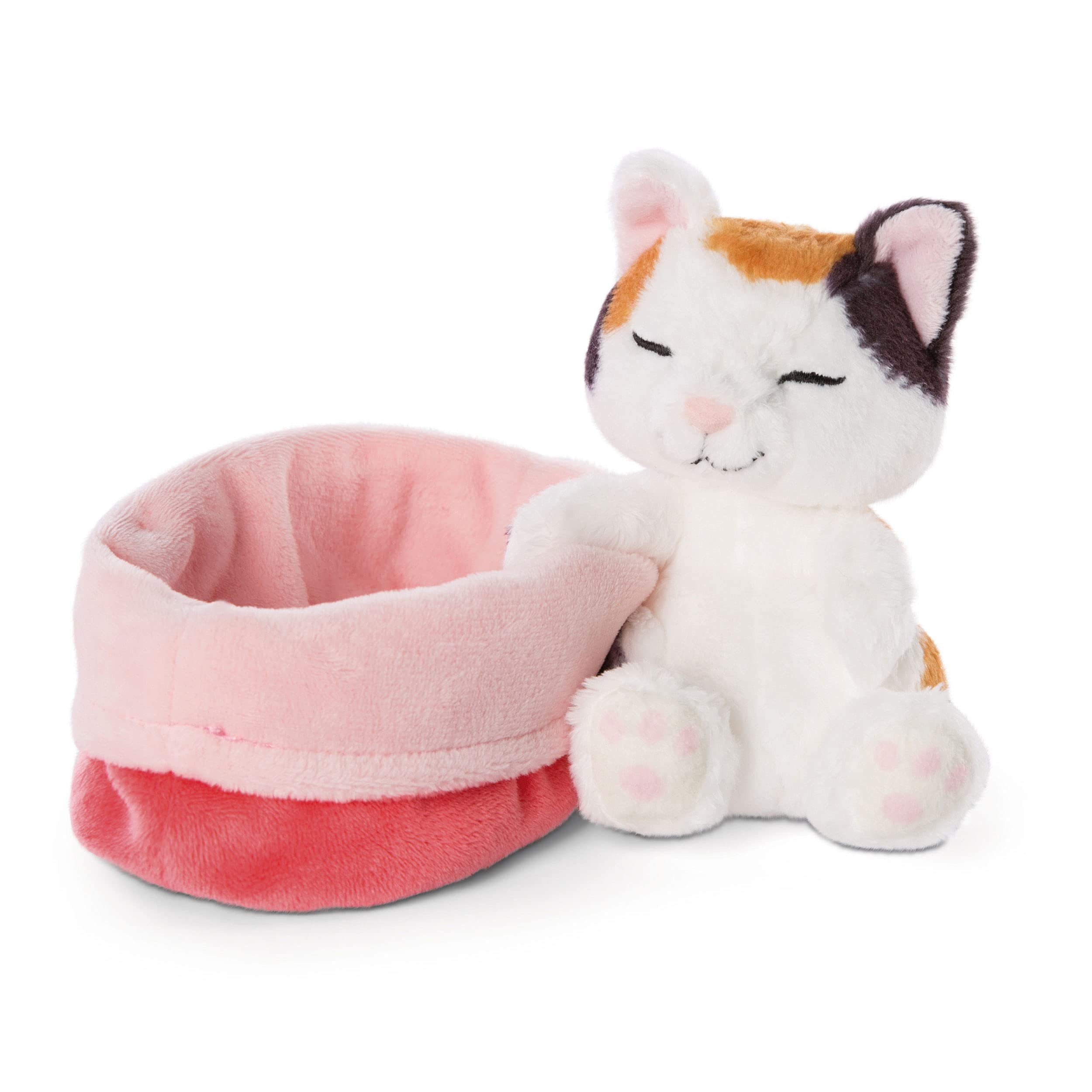 NICI Sleeping Kitties Plush Cat in Red-Pink Basket - 16 cm Cuddly Toy for Babies & Kids