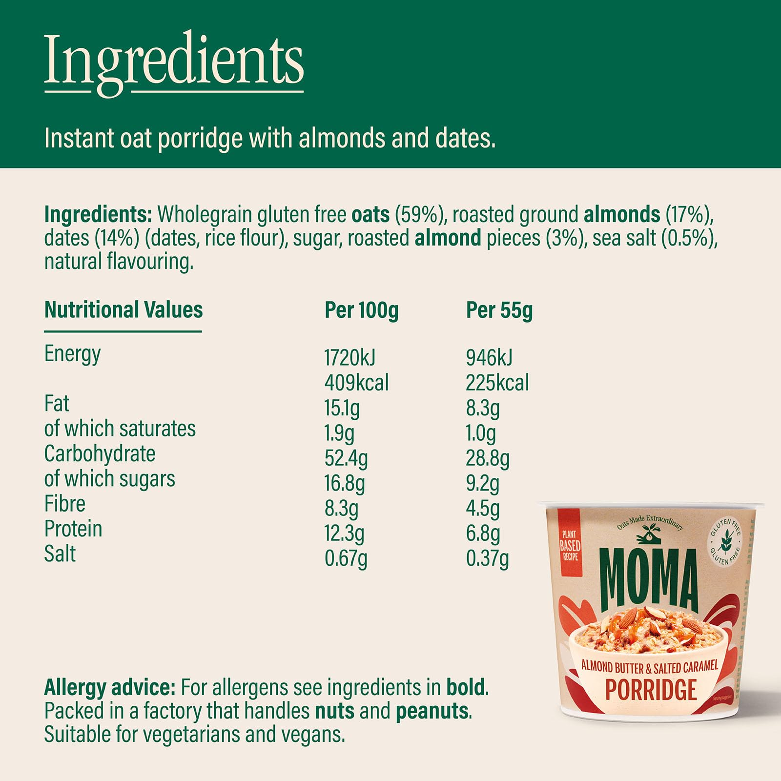 MOMA Almond Butter & Salted Caramel Instant Porridge Pots - Box of 12 x 55g - Gluten Free, Vegan, High in Fibre 5