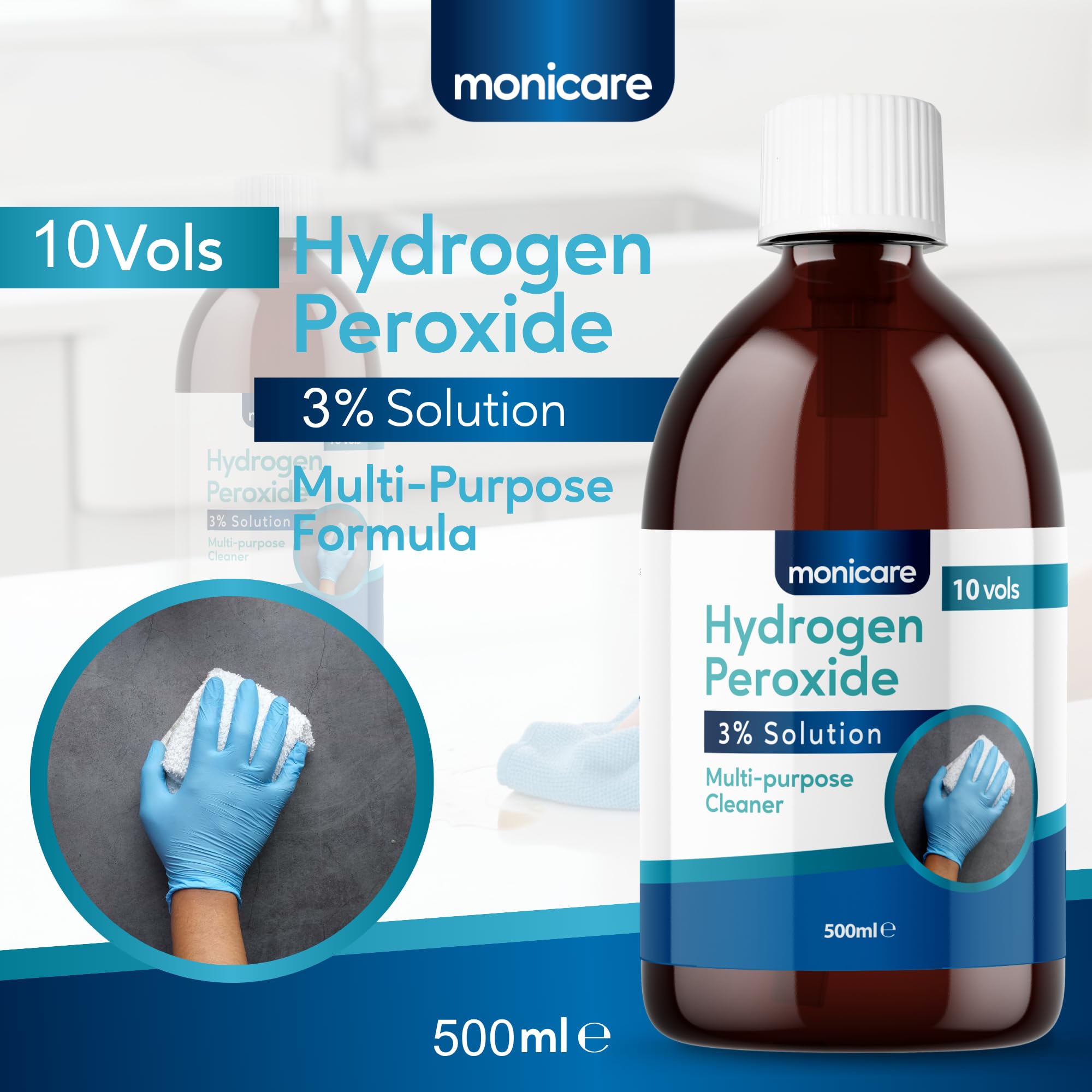 Monicare Hydrogen Peroxide 3% Multi-Purpose Cleaner - 500ml Liquid | Hospital Grade | Unscented