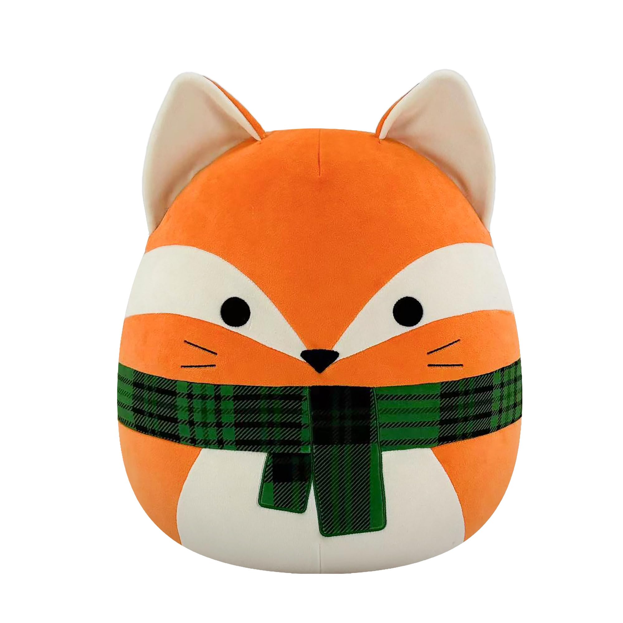 Plush squishmallow toy shaped like a fox with an orange face, white muzzle, and green plaid scarf on a white background.
