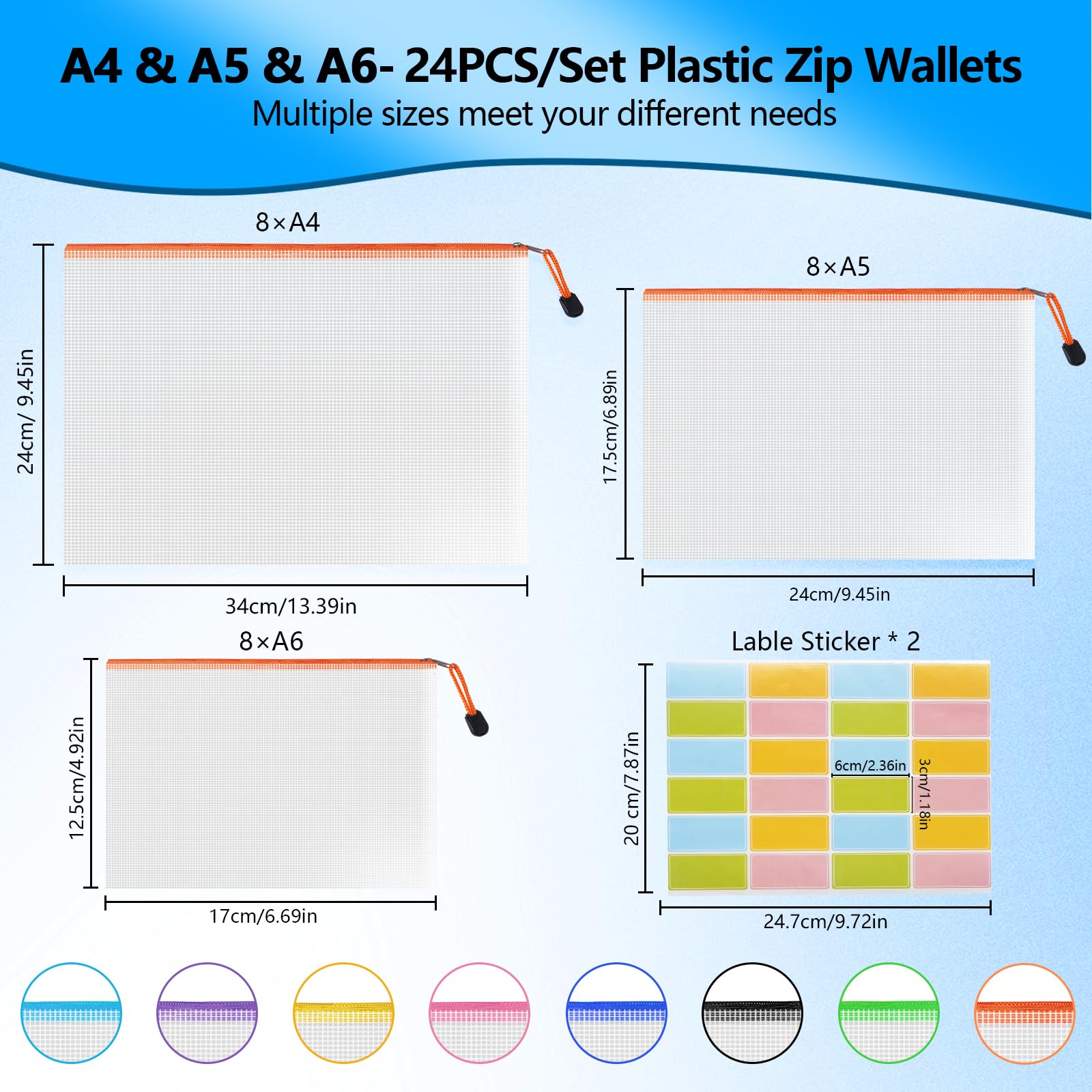 NORTHERN BROTHERS 24PCS Zip Lock Plastic Wallets - A4, A5, A6 Assorted Sizes, Waterproof PVC Folders
