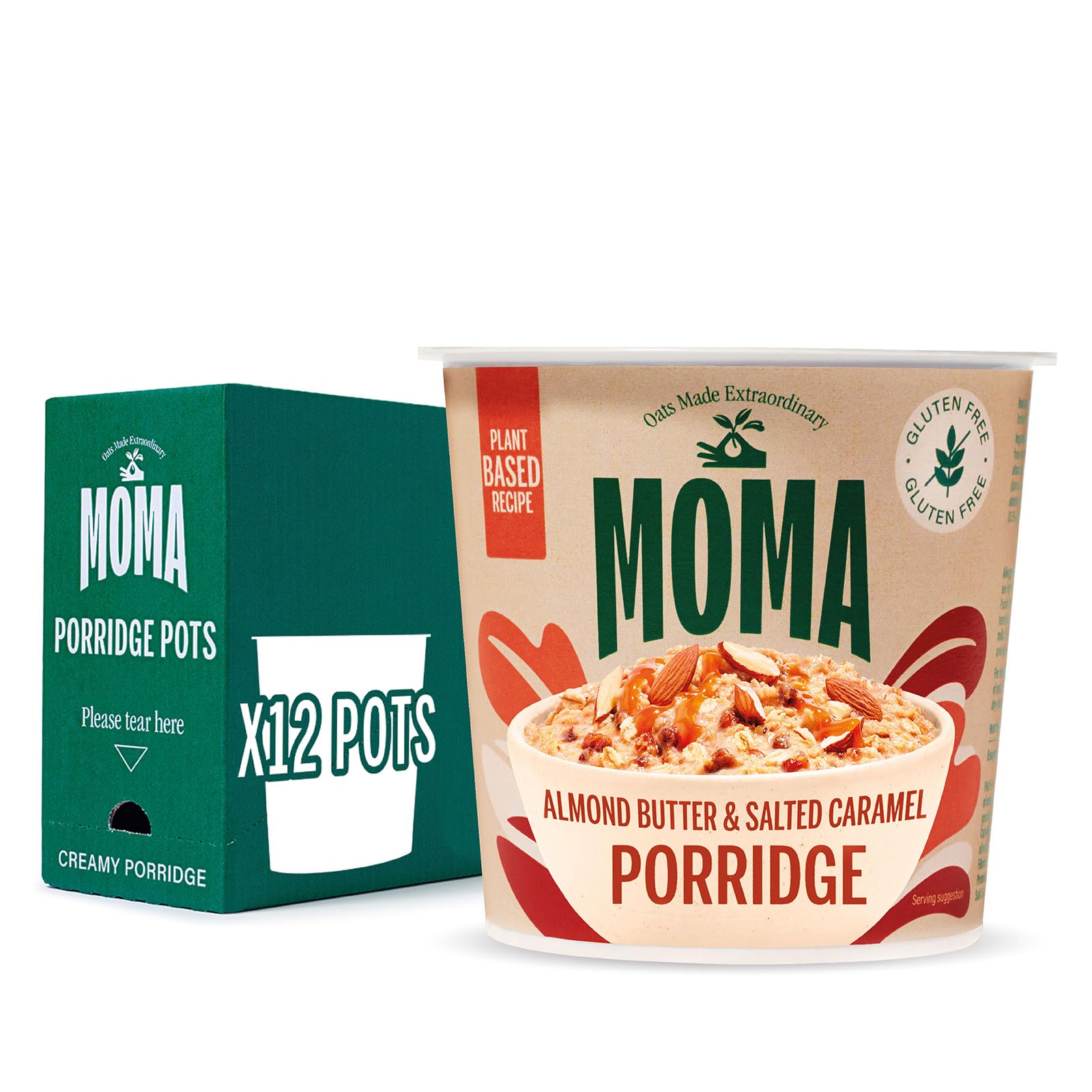 MOMA Almond Butter & Salted Caramel Instant Porridge Pots - Box of 12 x 55g - Gluten Free, Vegan, High in Fibre