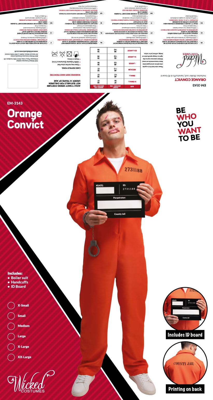 Wicked Costumes Men's Orange Convict Costume with Handcuffs & ID Board - Adult Fancy Dress 6
