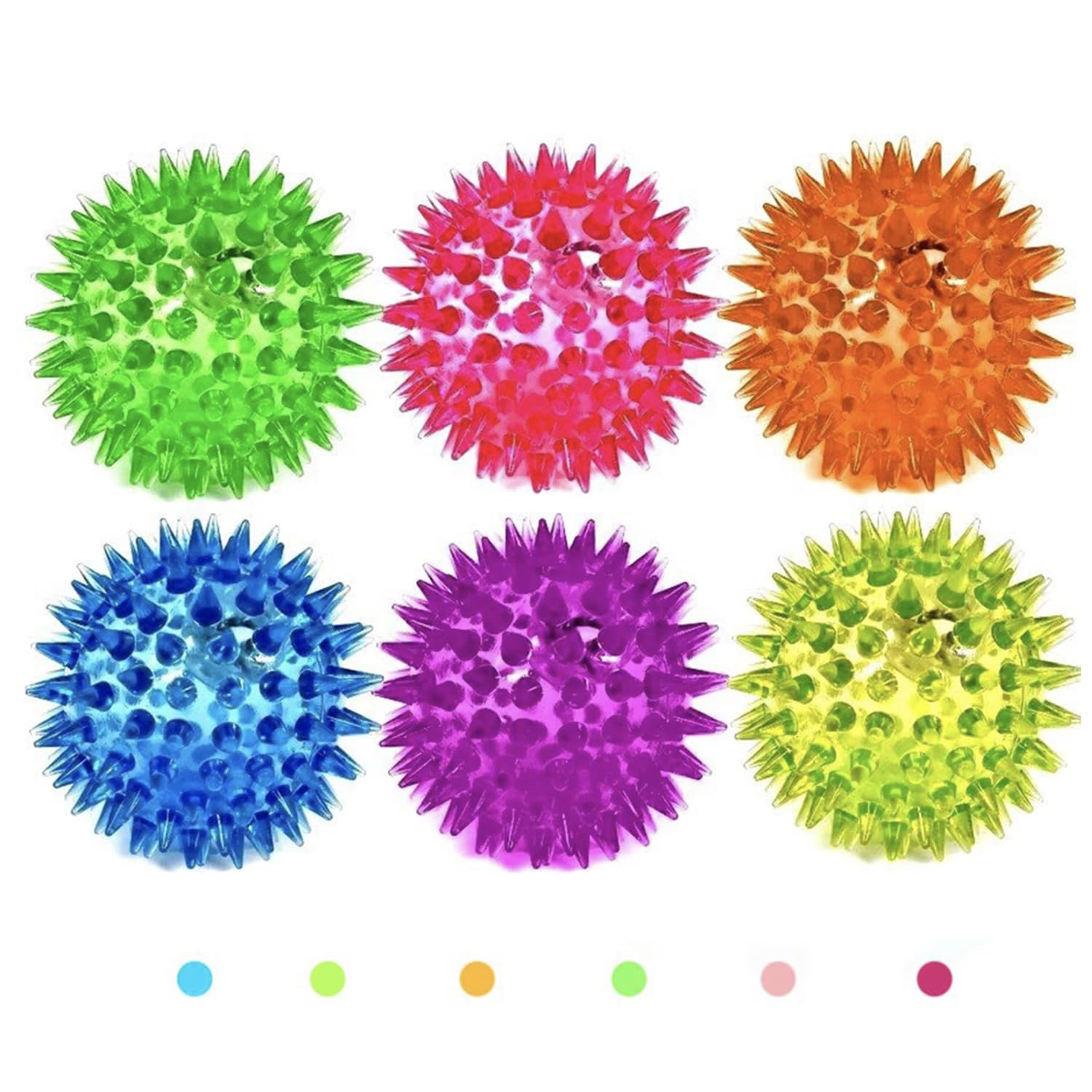 6 Pack 6.5cm Spiky LED Flashing Bouncy Squishy Stress Relief Balls - Assorted Colors