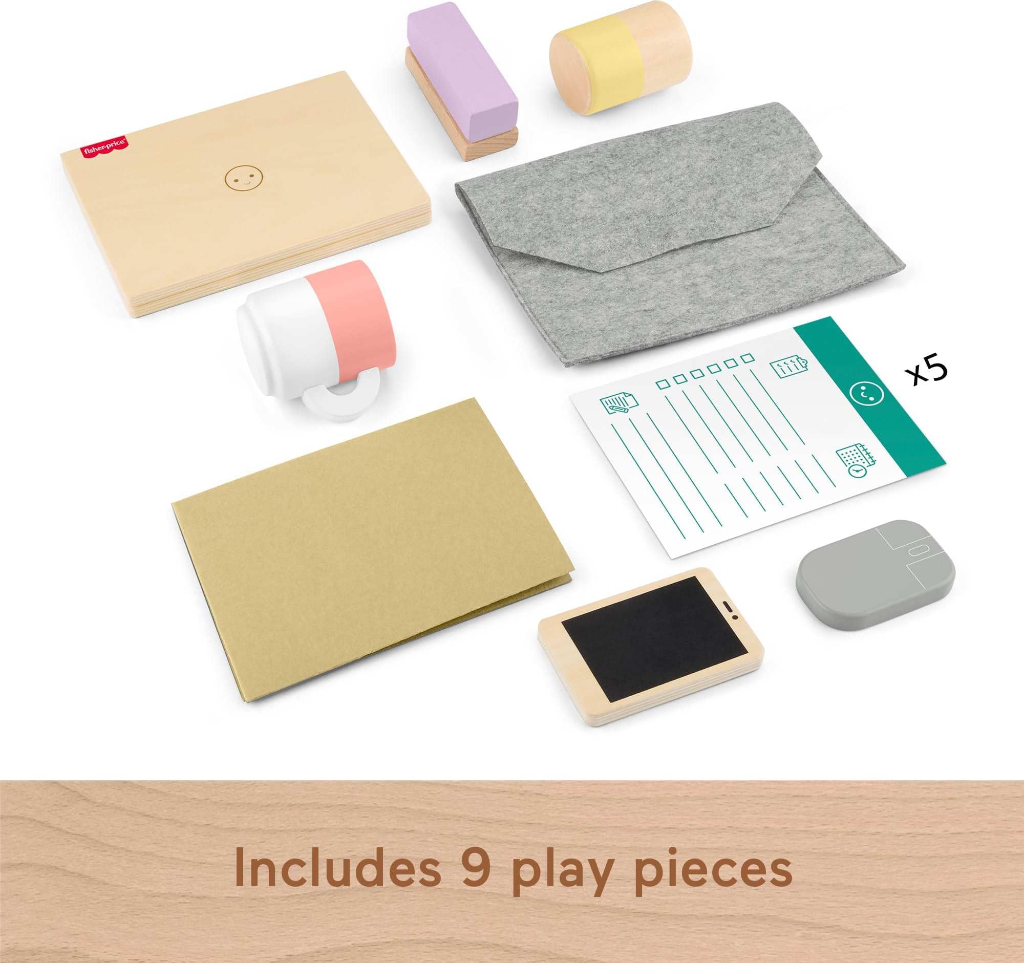 Fisher-Price Wood Pretend Play Work From Home Set, 9-Piece Office Playset