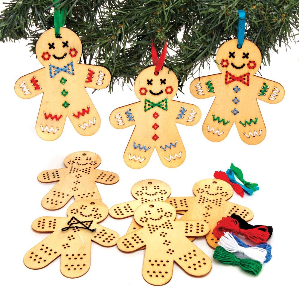 Baker Ross AT187 Gingerbread Wooden Decoration Craft Kit - Educational Sewing Activity for Kids