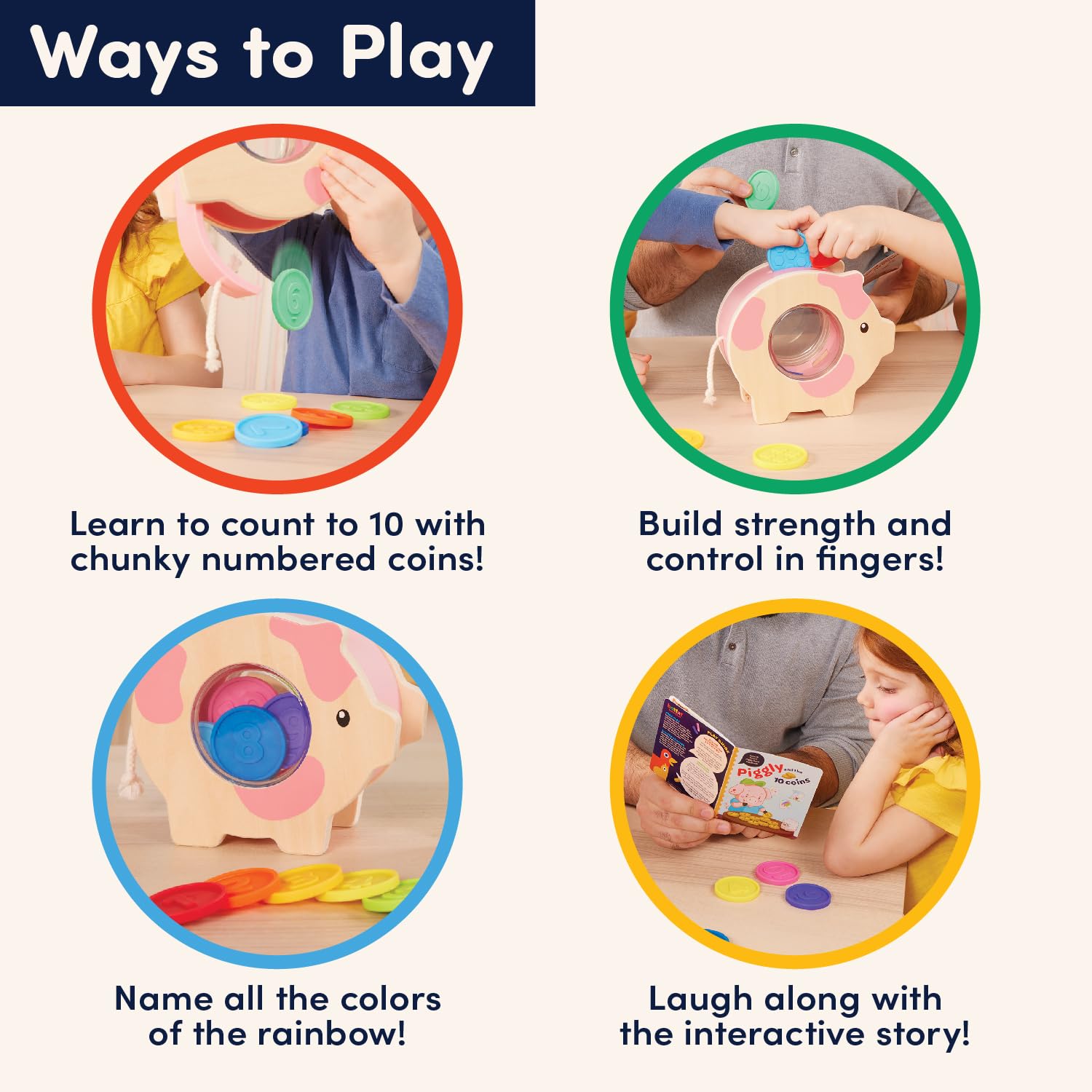 Battat Education Wooden Piggy Bank for Kids - Counting & Fine Motor Skills Toy | Ages 18M+ 4