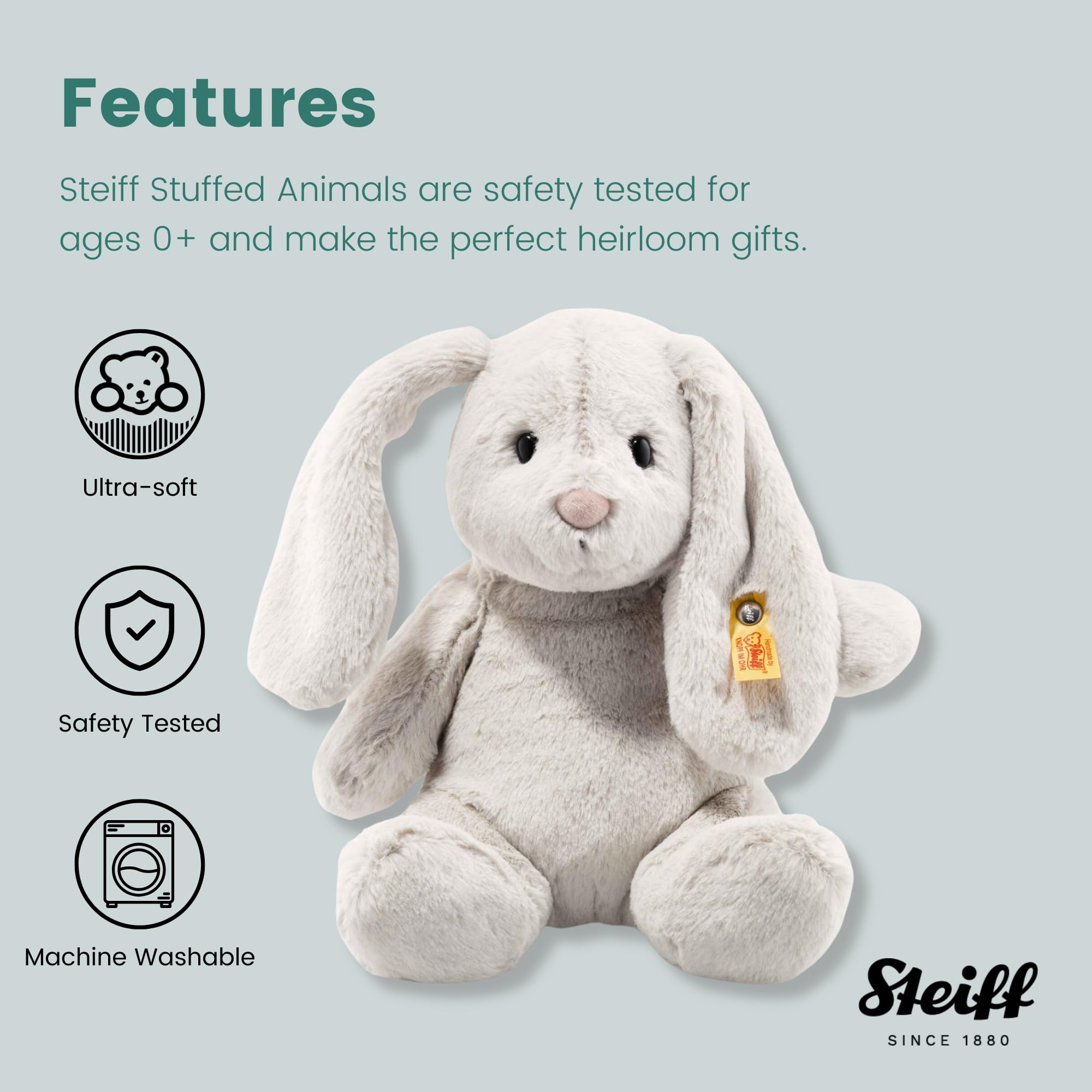 Steiff Soft Cuddly Friends Hoppie Rabbit - Plush Stuffed Animal, 28 cm, Light Grey 10