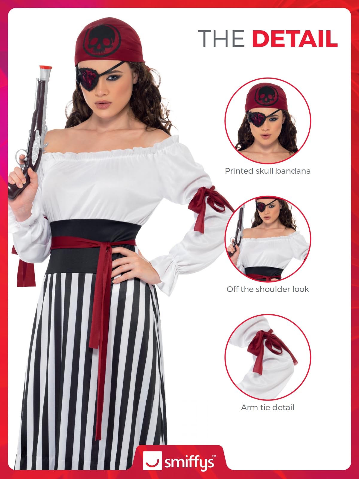 Smiffys Pirate Lady Costume - Black & White Dress with Arm Ties, Belt & Headpiece, Size M (UK 12-14) 5