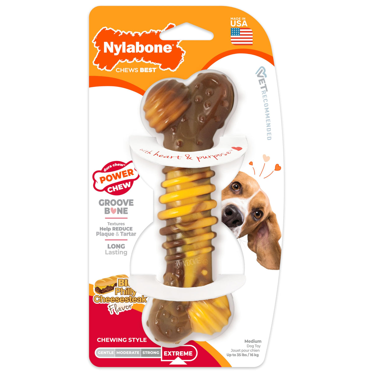 Nylabone Extreme Tough Dog Chew Toy Bone - Durable, Cleans Teeth, Beef & Cheese, Medium (Up to 16 kg)