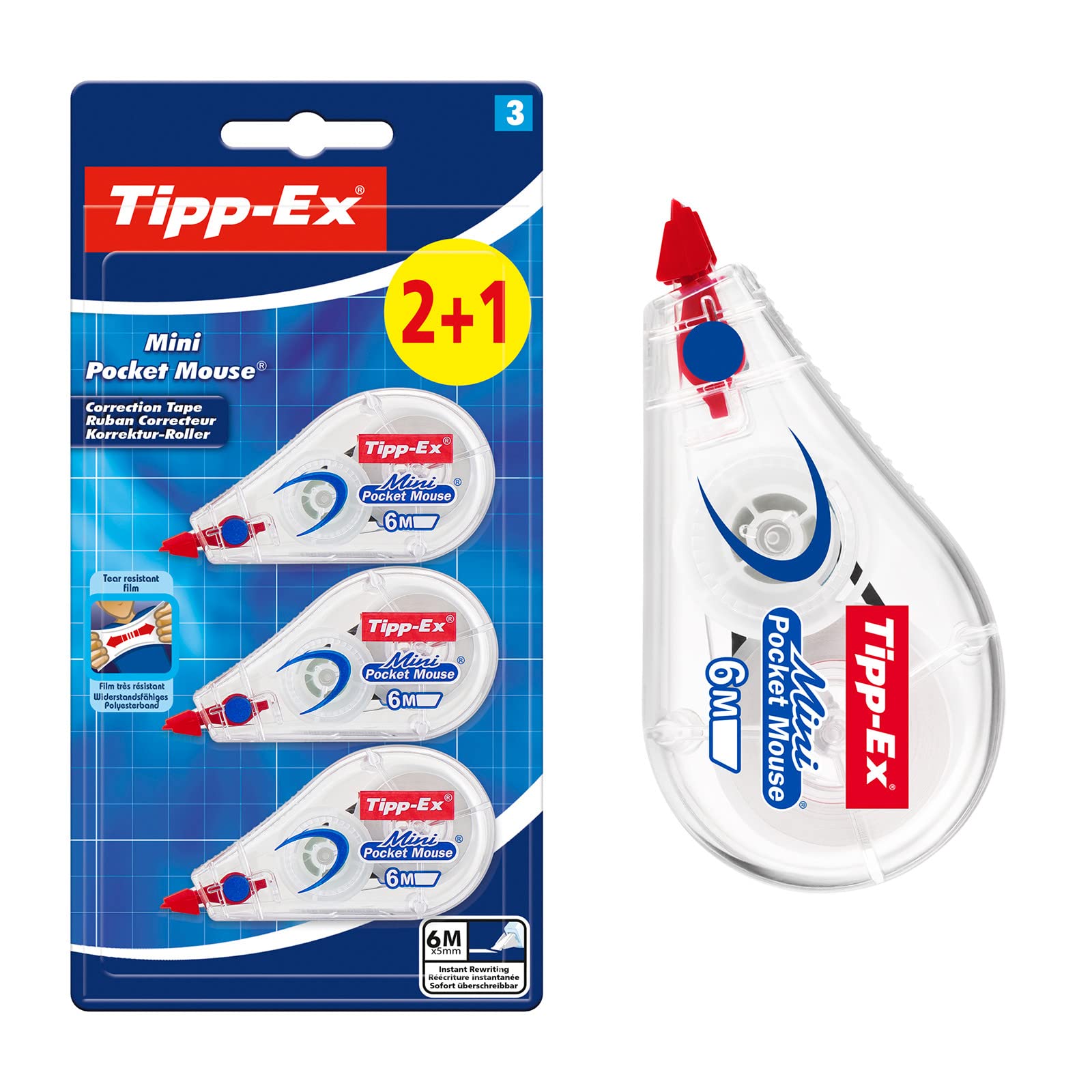 Tipp-Ex Mini Pocket Mouse Correction Tape - Pack of 3 | 6m Tape Length | White Tape