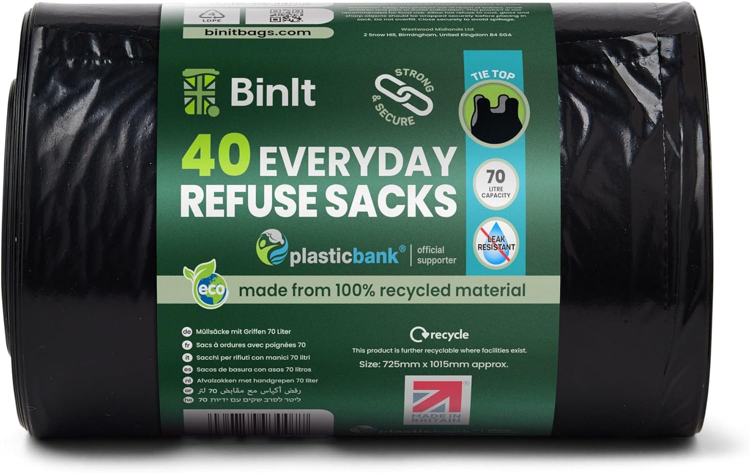BIN IT 70L Tie Top Bin Liners, 100% Recycled Leak-Resistant Refuse Sacks for Home, Office & Garden