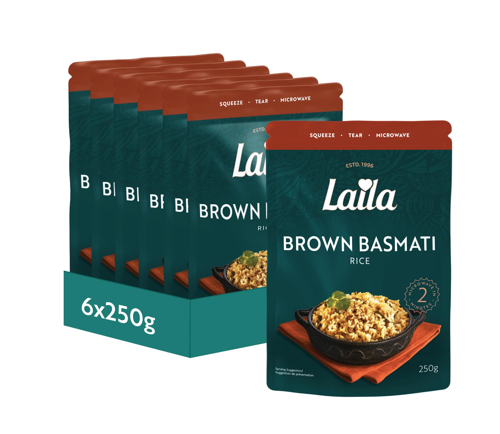 LAILA Brown Basmati Microwave Rice - Wholegrain, Ready in 2 Mins | 6 x 250g Packs