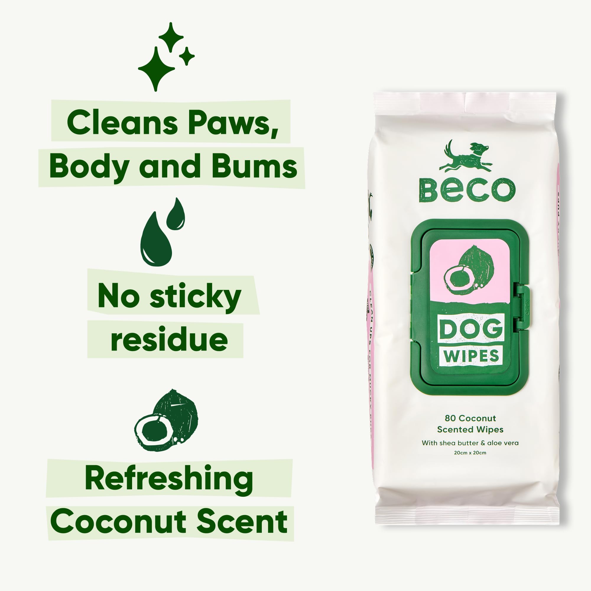 Beco Dog Wipes - Coconut Scented, Hypoallergenic, 80 Count Pack
