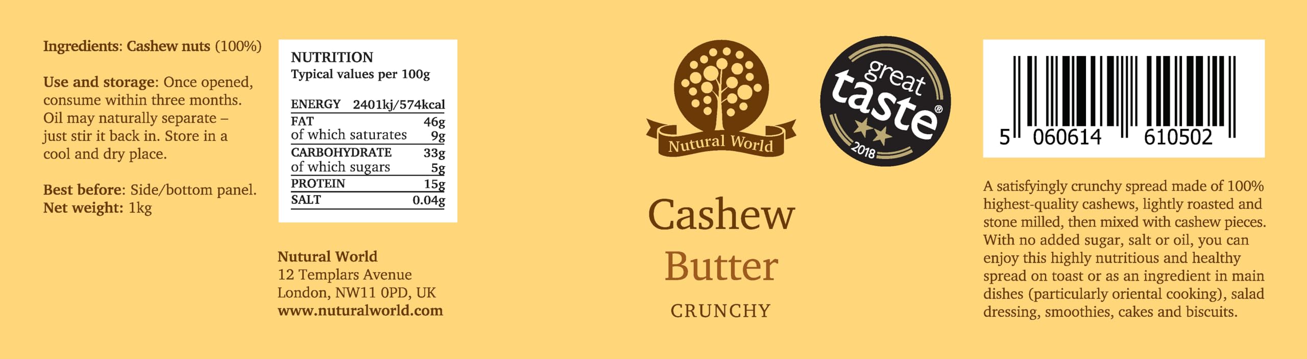 Nutural World - Crunchy Cashew Butter (1kg) - Great Taste Award Winner 4