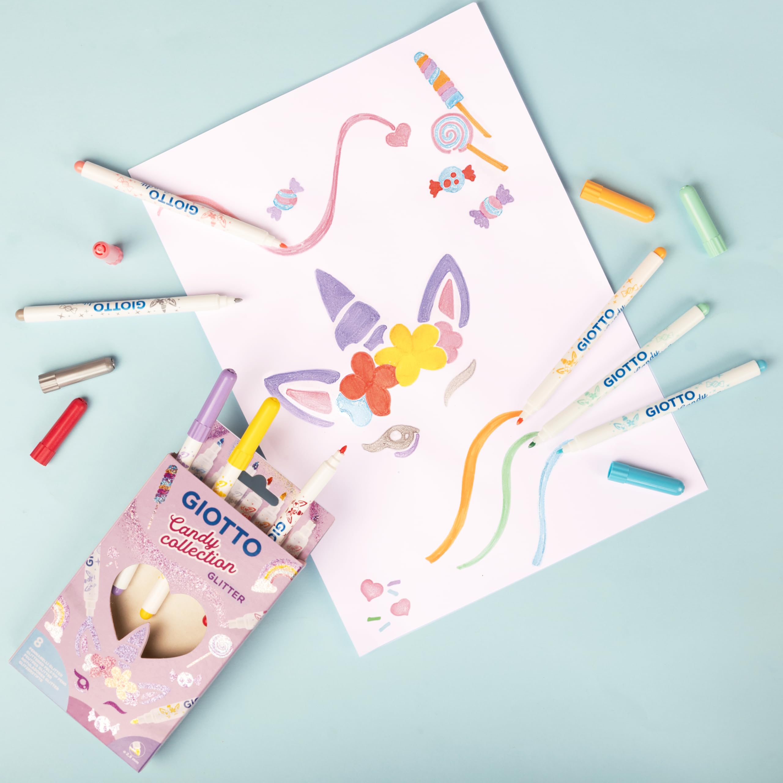 GIOTTO Turbo Glitter Felt Tip Pens - 8 Assorted Pastel Glitter Colours | Fine Tip | Washable Ink 5