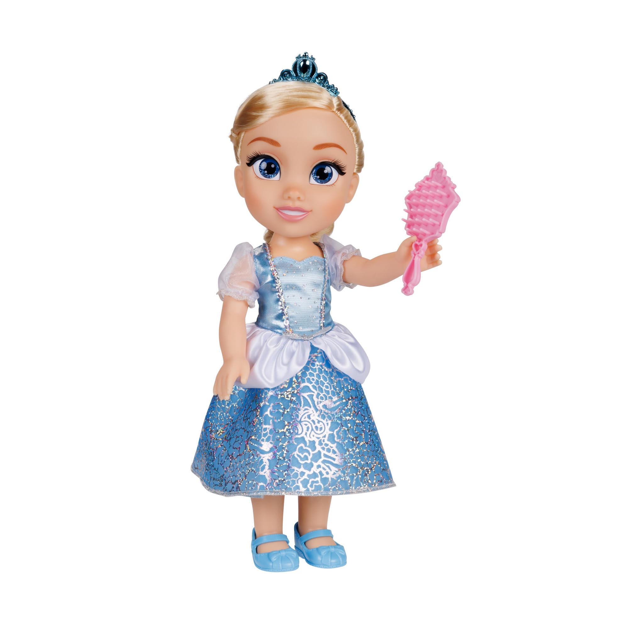Disney Princess Cinderella Doll, 14” / 35cm Tall Doll with Royal Reflection Eyes Includes Shimmery Platinum Holofoil Printed Removable Dress, Shoes, Tiara and Brush, Perfect for Girls Ages 3+ 1