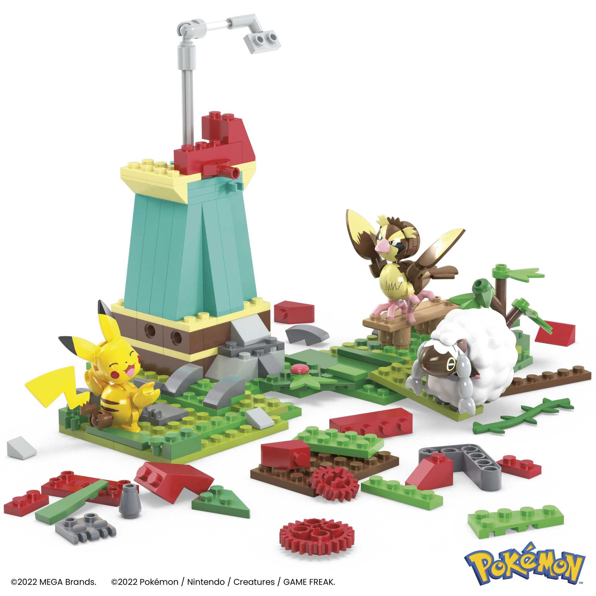 Mega Bloks Pokémon Countryside Windmill Building Set with Pikachu, Pidgey, Wooloo | 240 Pieces | Ages 7+