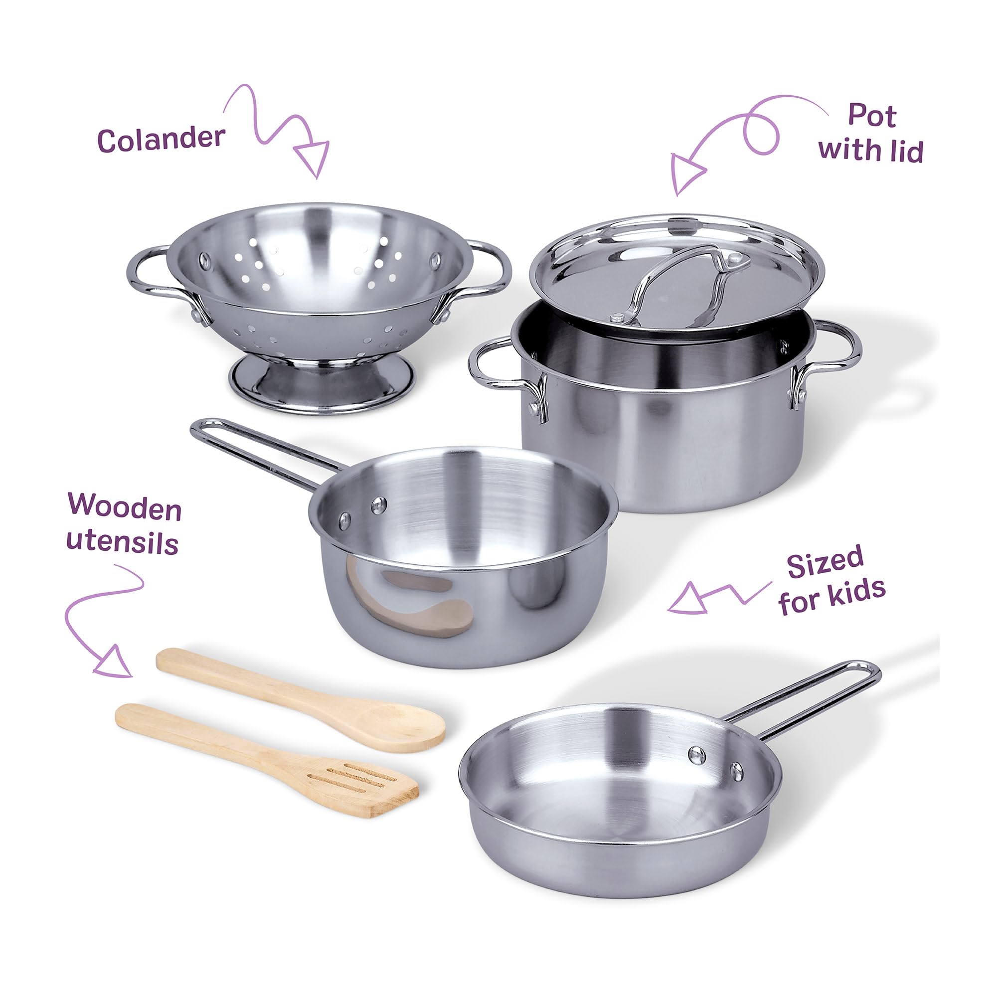 Melissa & Doug Stainless Steel Pots and Pans Pretend Play Kitchen Set - 8 Pcs | Ages 3+ 4
