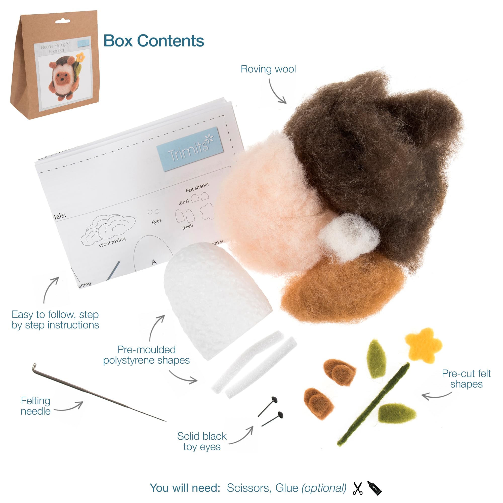 Trimits Needle Felting Craft Kit - Hedgehog | Beginner Friendly | Includes Wool & Tools