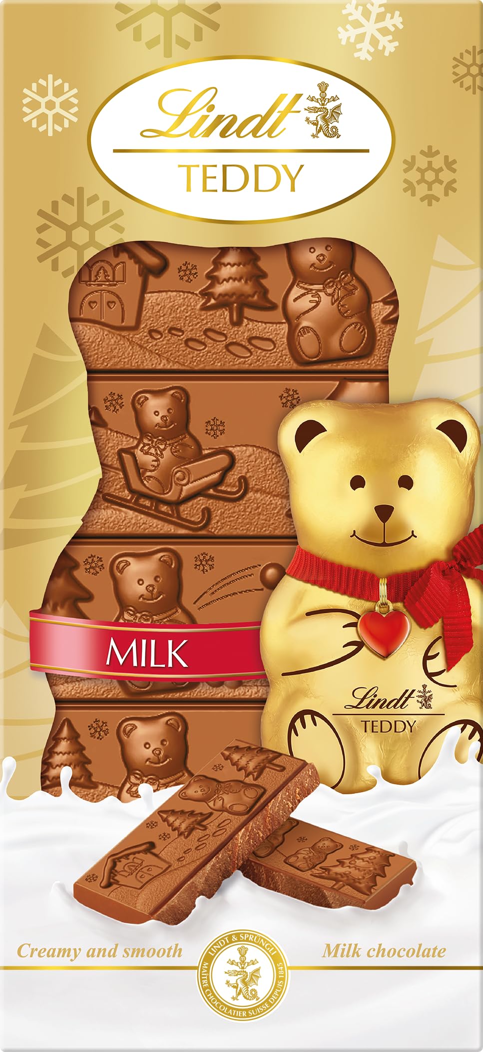 Lindt Teddy Milk Chocolate Bar – 120g – Christmas Gift, Milk Chocolate with Gold Wrapping