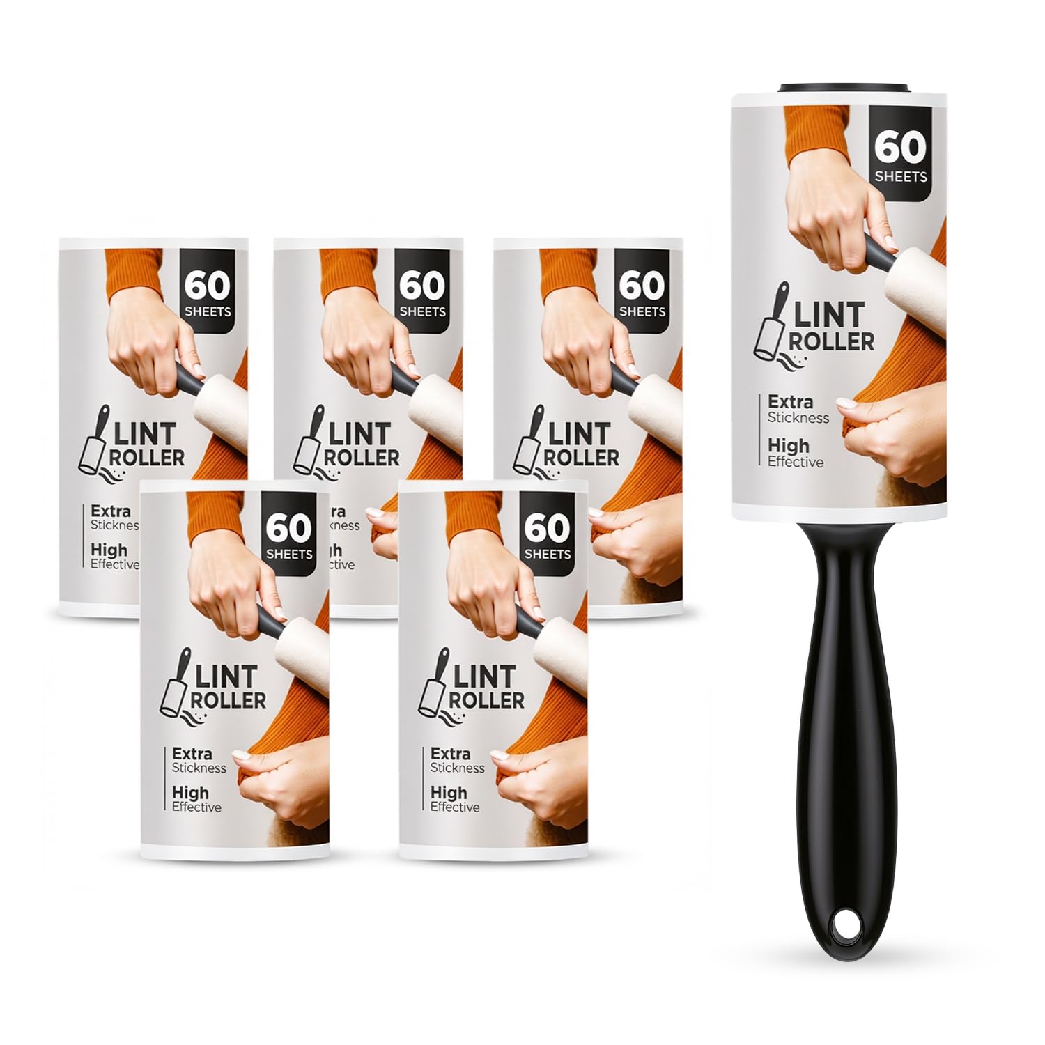 Roe Tenpo Lint Roller - 6 Pack with 1 Replacement Handle, 360 Easy Peel Sheets | Pet Hair Removal