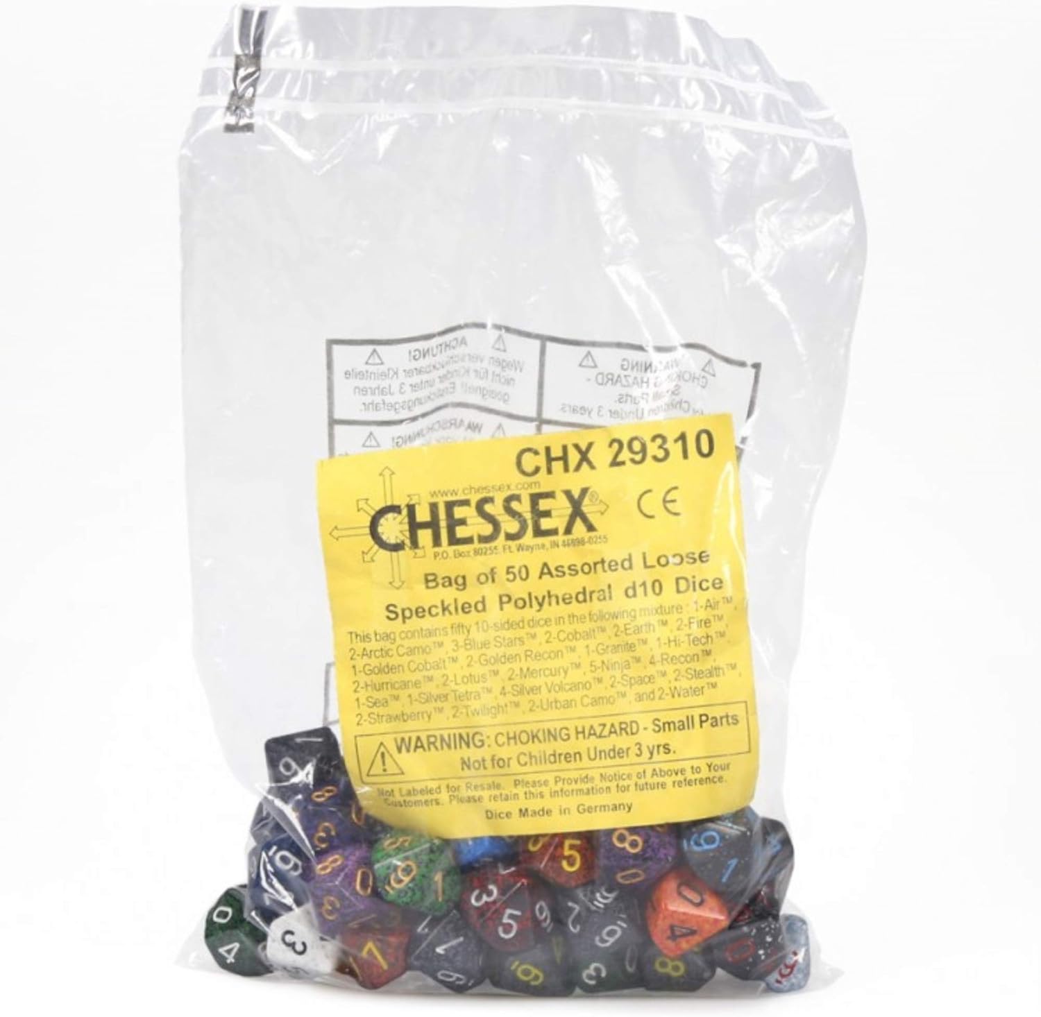 Chessex Speckled Polyhedral d10 Dice - Bag of 50 Assorted Multicoloured Dice