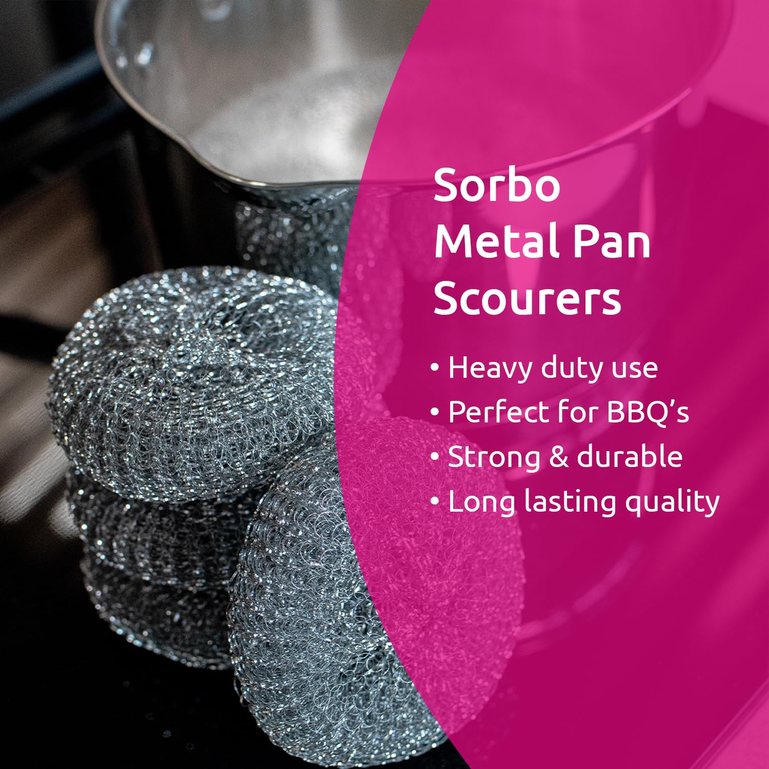 Sorbo Metal Pan Scourers 4 Pack - Metallic Steel Wool Pads for Tough Grease & Heavy-Duty Cleaning