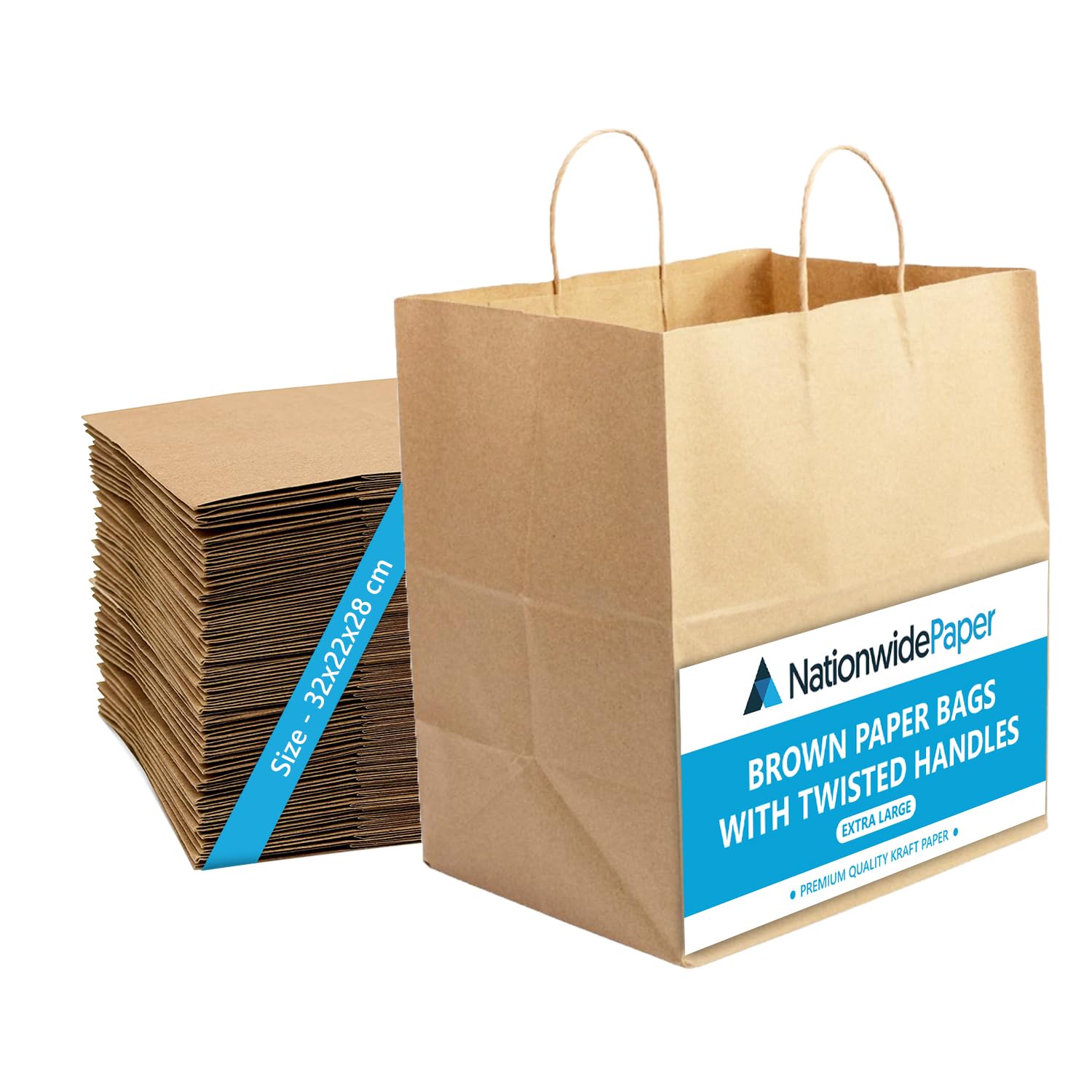 Nationwide Paper Extra Large Plus Brown Paper Bags with Handles - 30 Count | 320x220x280mm 1